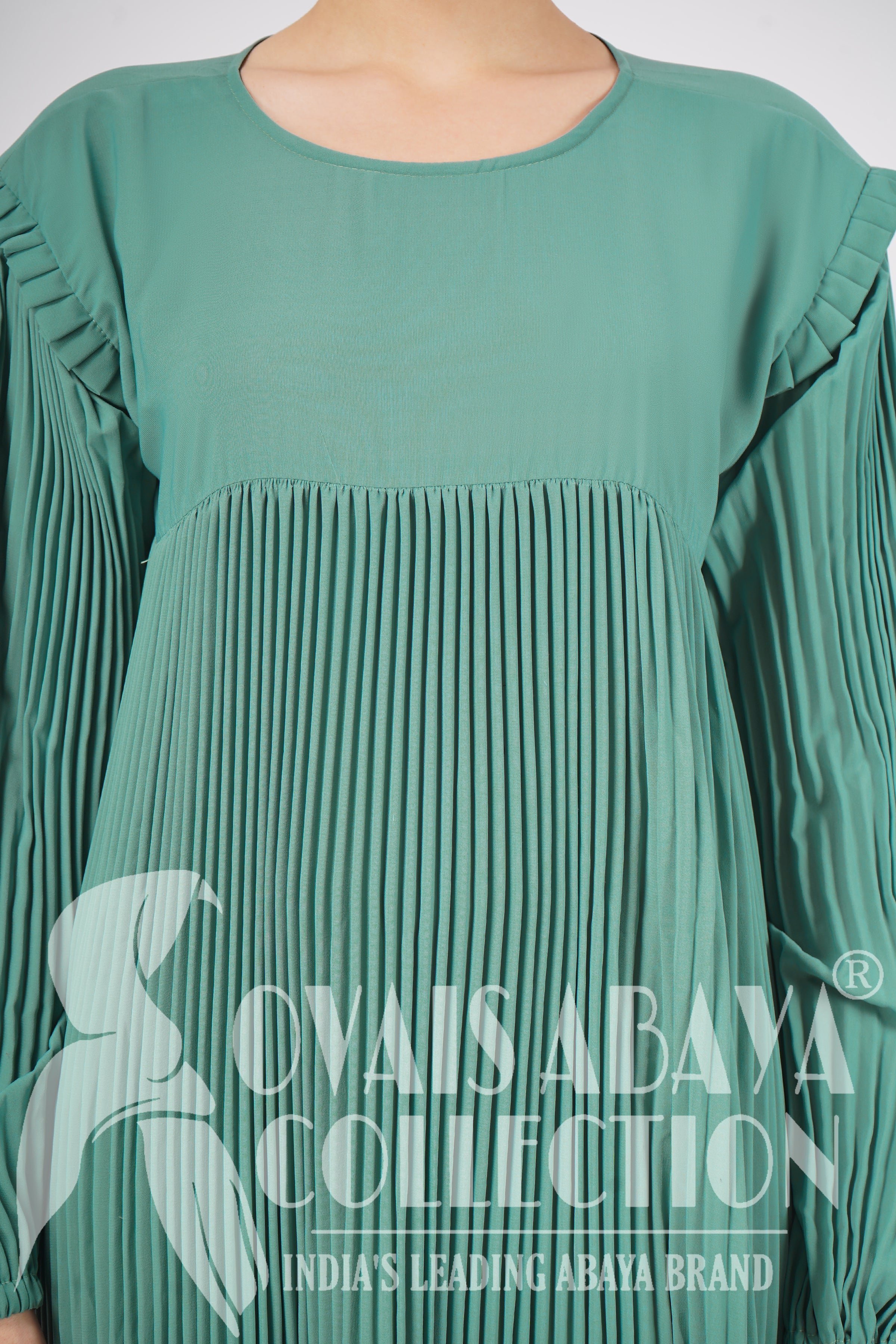 RIDA Beautiful Frill Plates work Abaya - SEA GREEN ( HIGHLY CUSTOMER DEMAND )