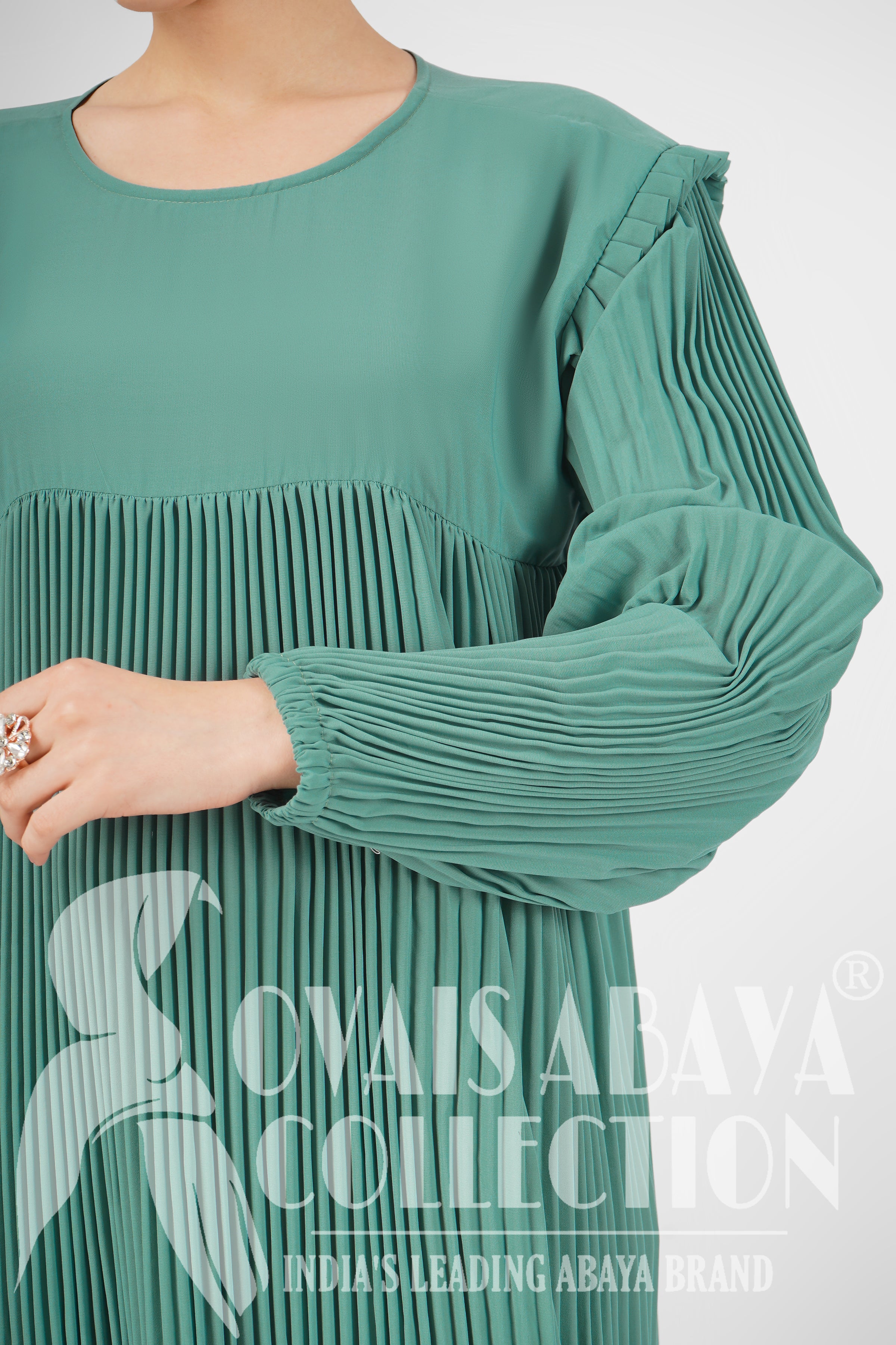 RIDA Beautiful Frill Plates work Abaya - SEA GREEN ( HIGHLY CUSTOMER DEMAND )