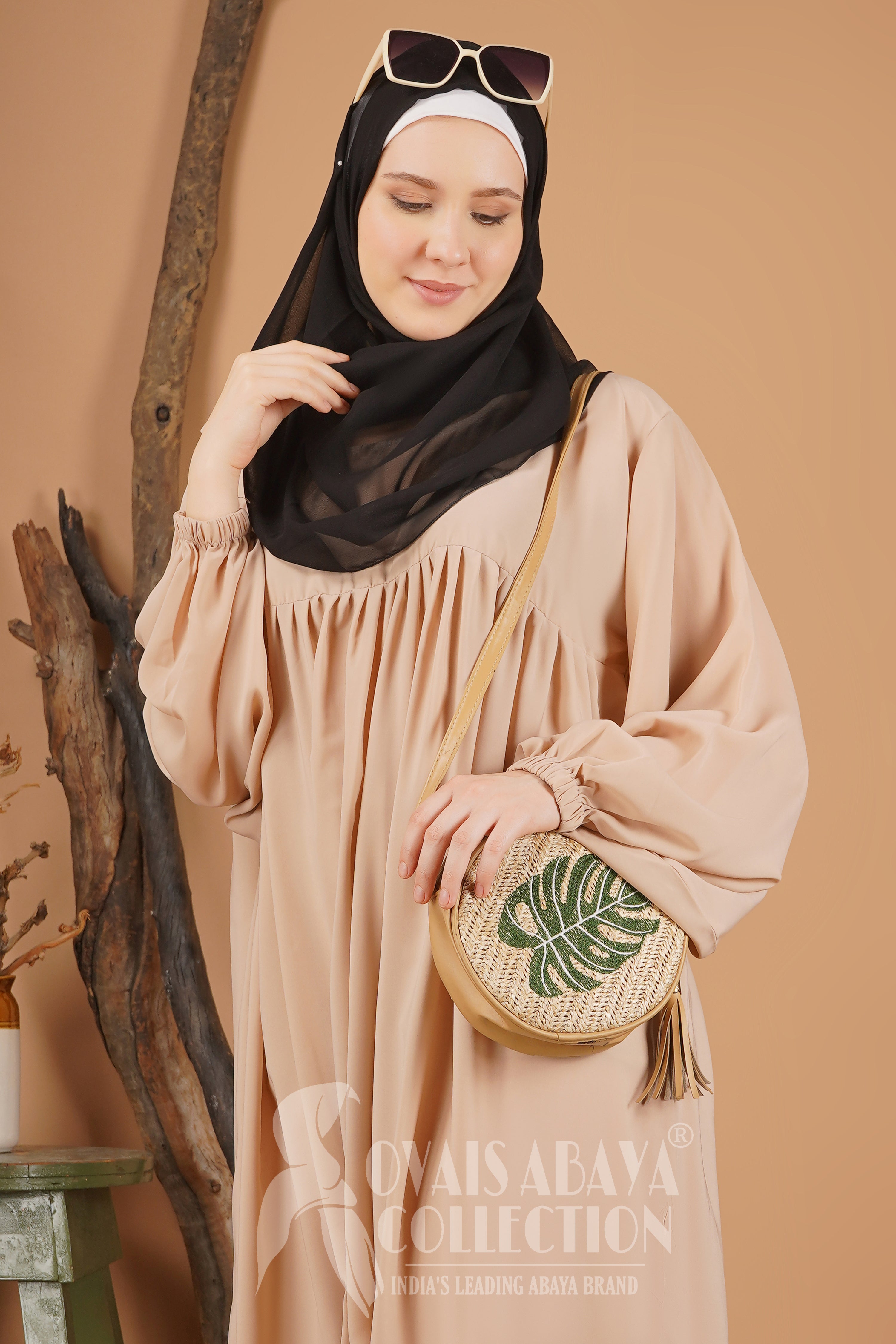 Maryam Pleated Balloon Sleeve Abaya LITE NUDE ( New Launch )