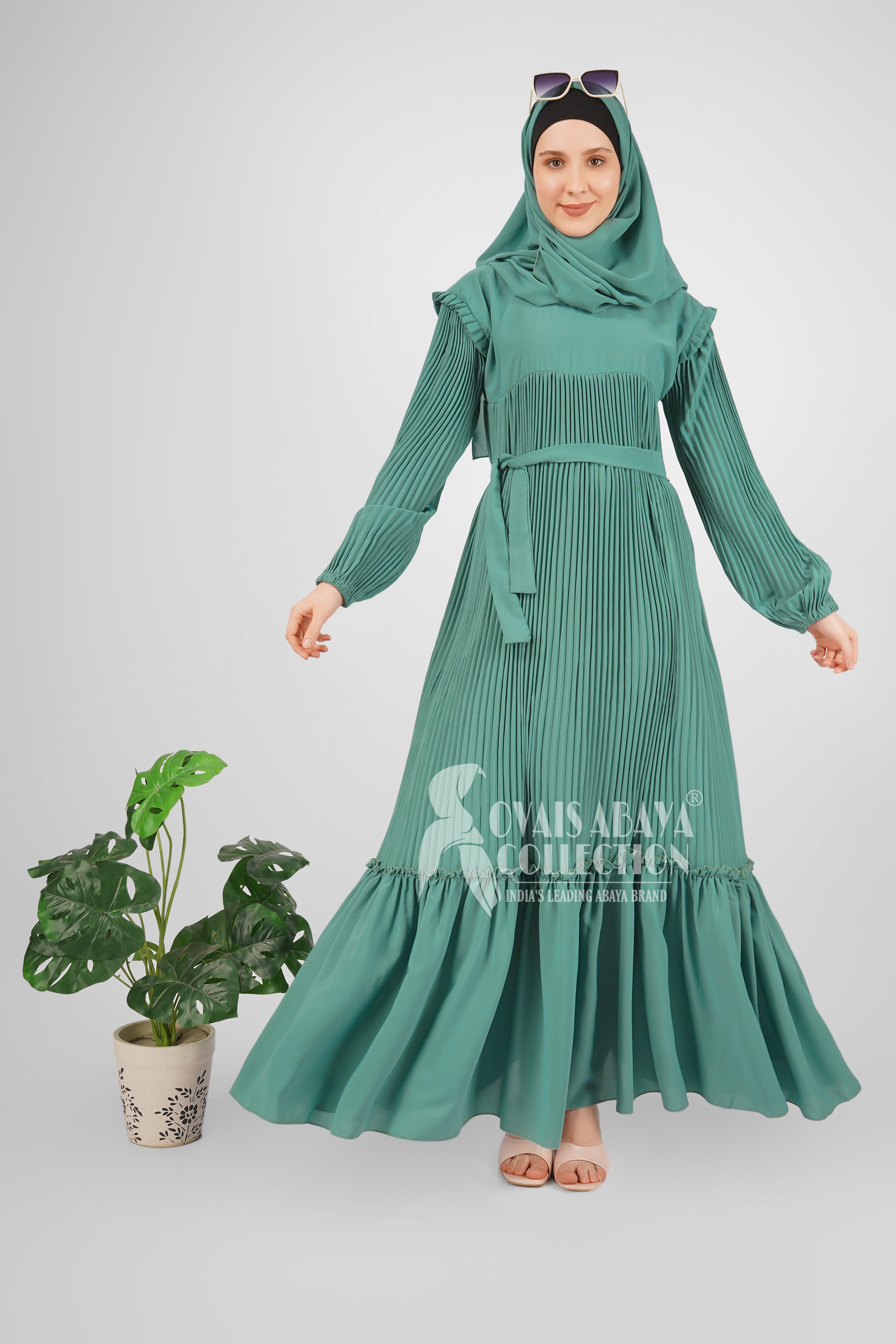 RIDA Beautiful Frill Plates work Abaya - SEA GREEN ( HIGHLY CUSTOMER DEMAND )