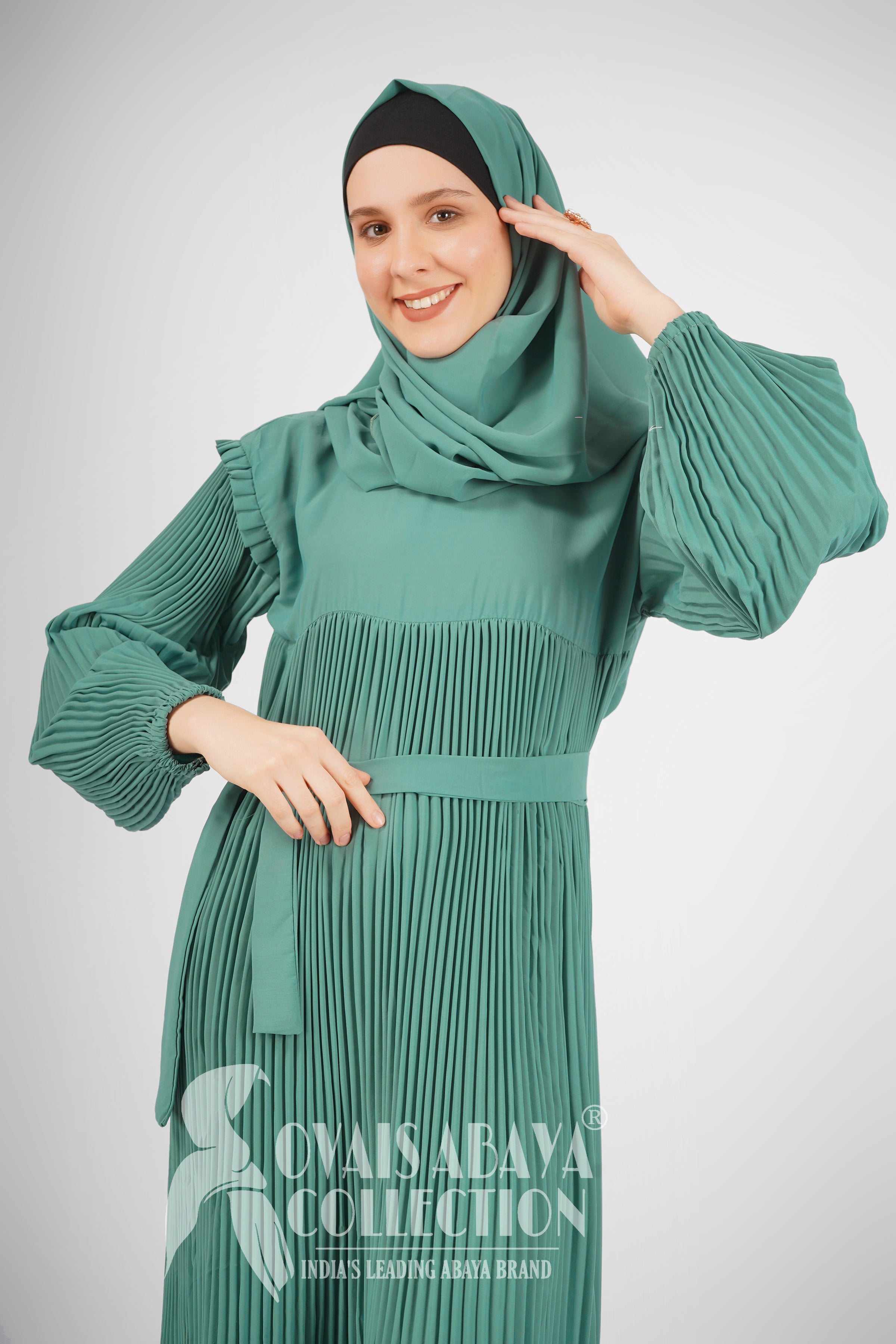 RIDA Beautiful Frill Plates work Abaya - SEA GREEN ( HIGHLY CUSTOMER DEMAND )