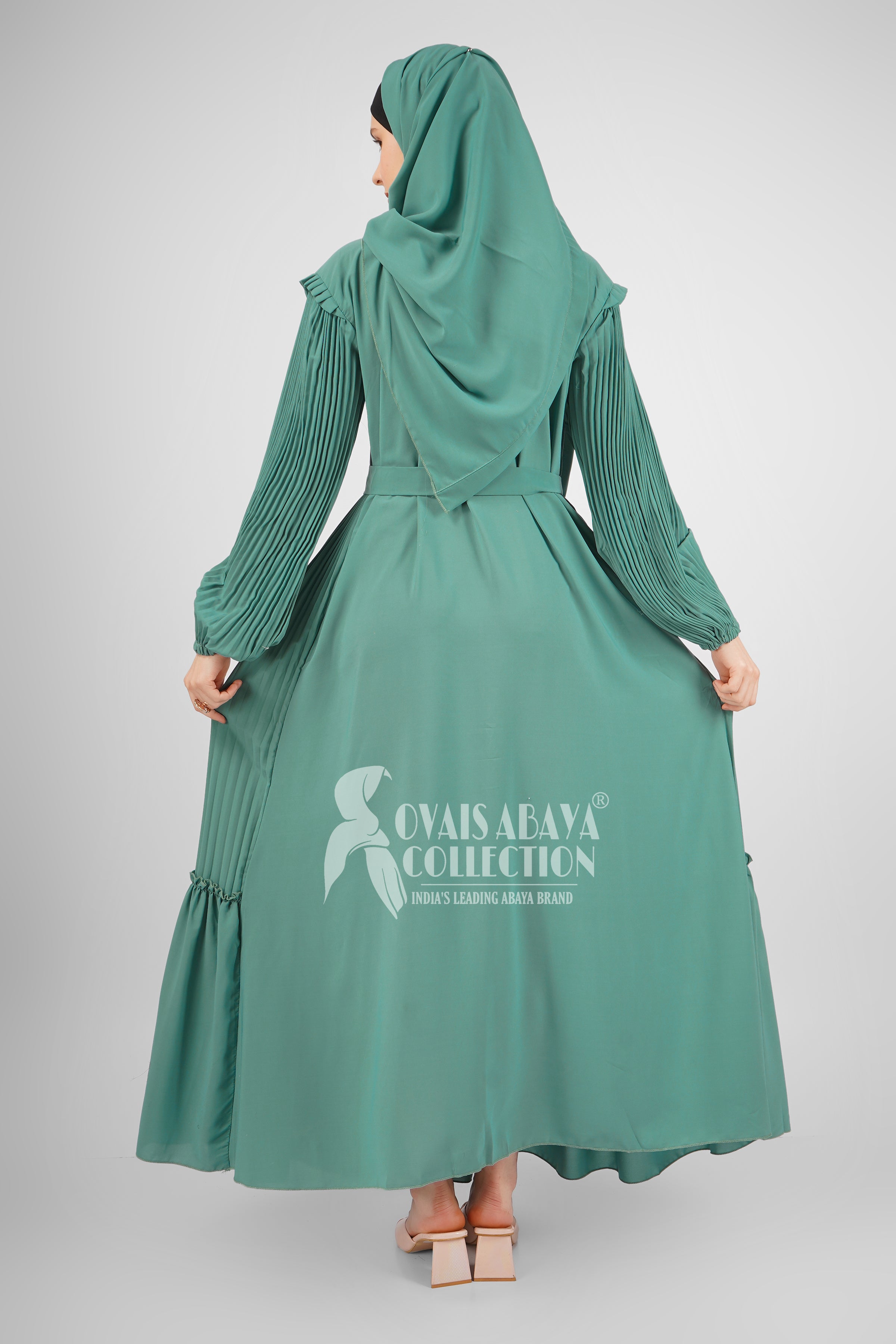 RIDA Beautiful Frill Plates work Abaya - SEA GREEN ( HIGHLY CUSTOMER DEMAND )