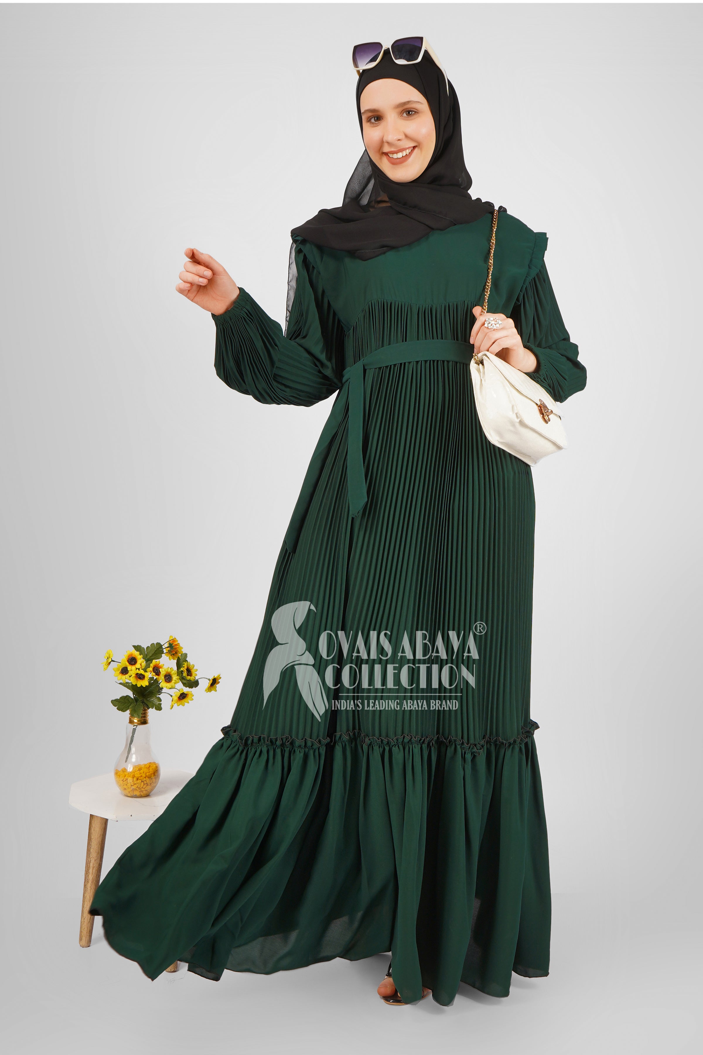 RIDA Beautiful Frill Plates work Abaya - BOTTLE GREEN ( HIGHLY CUSTOMER DEMAND )