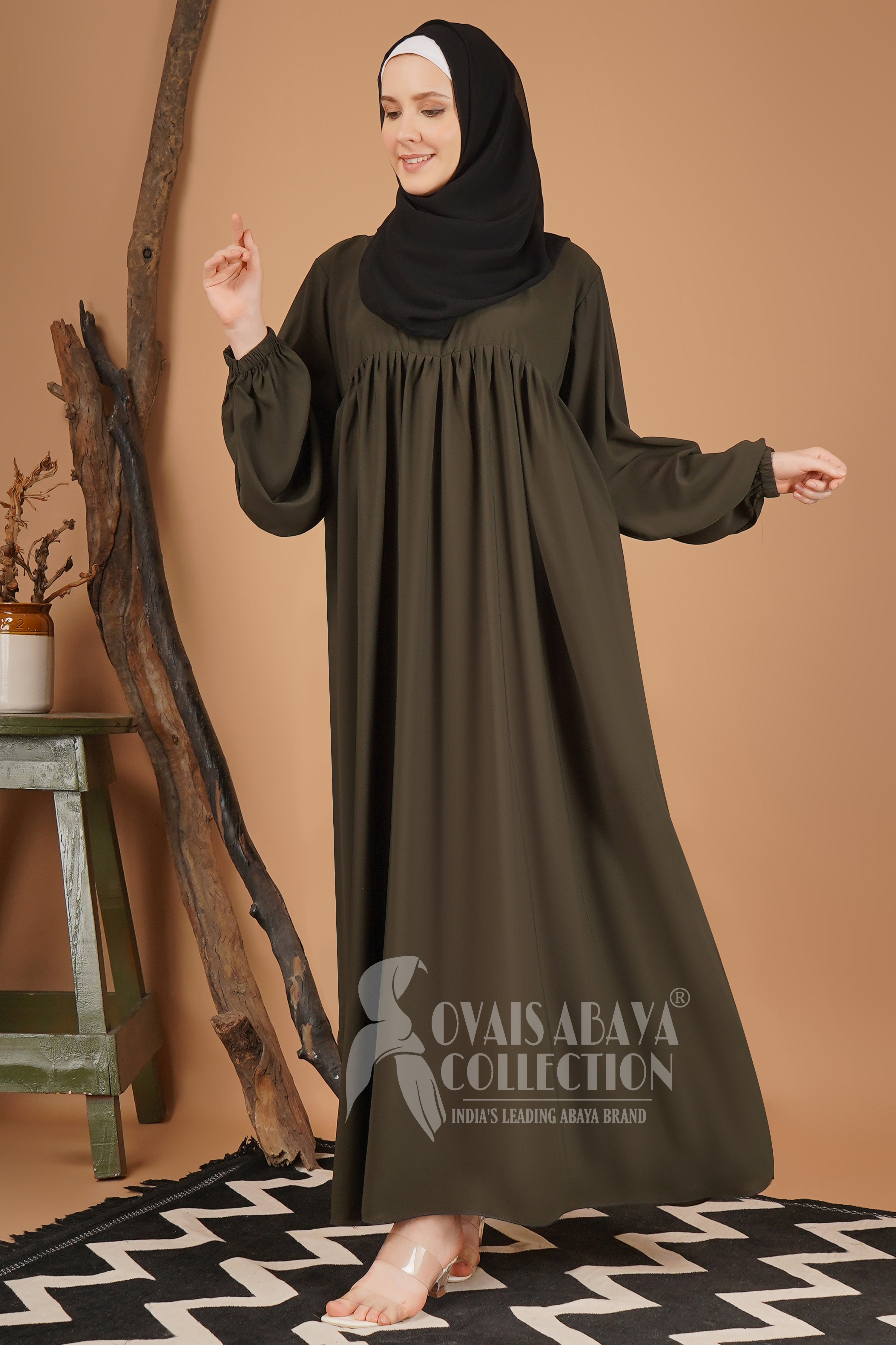 Maryam Pleated Balloon Sleeve Abaya OLIVE ( New Launch )