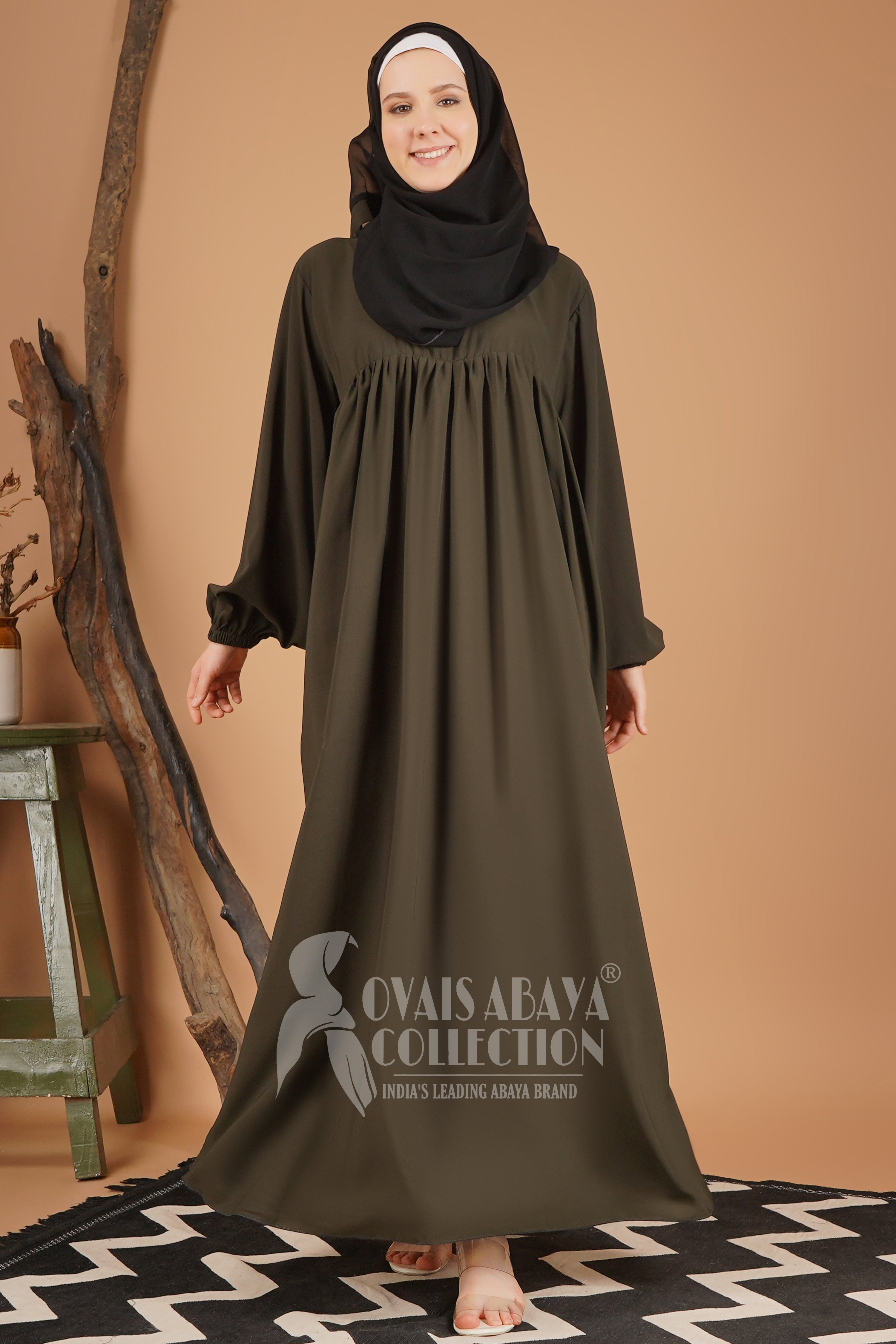 Maryam Pleated Balloon Sleeve Abaya OLIVE ( New Launch )