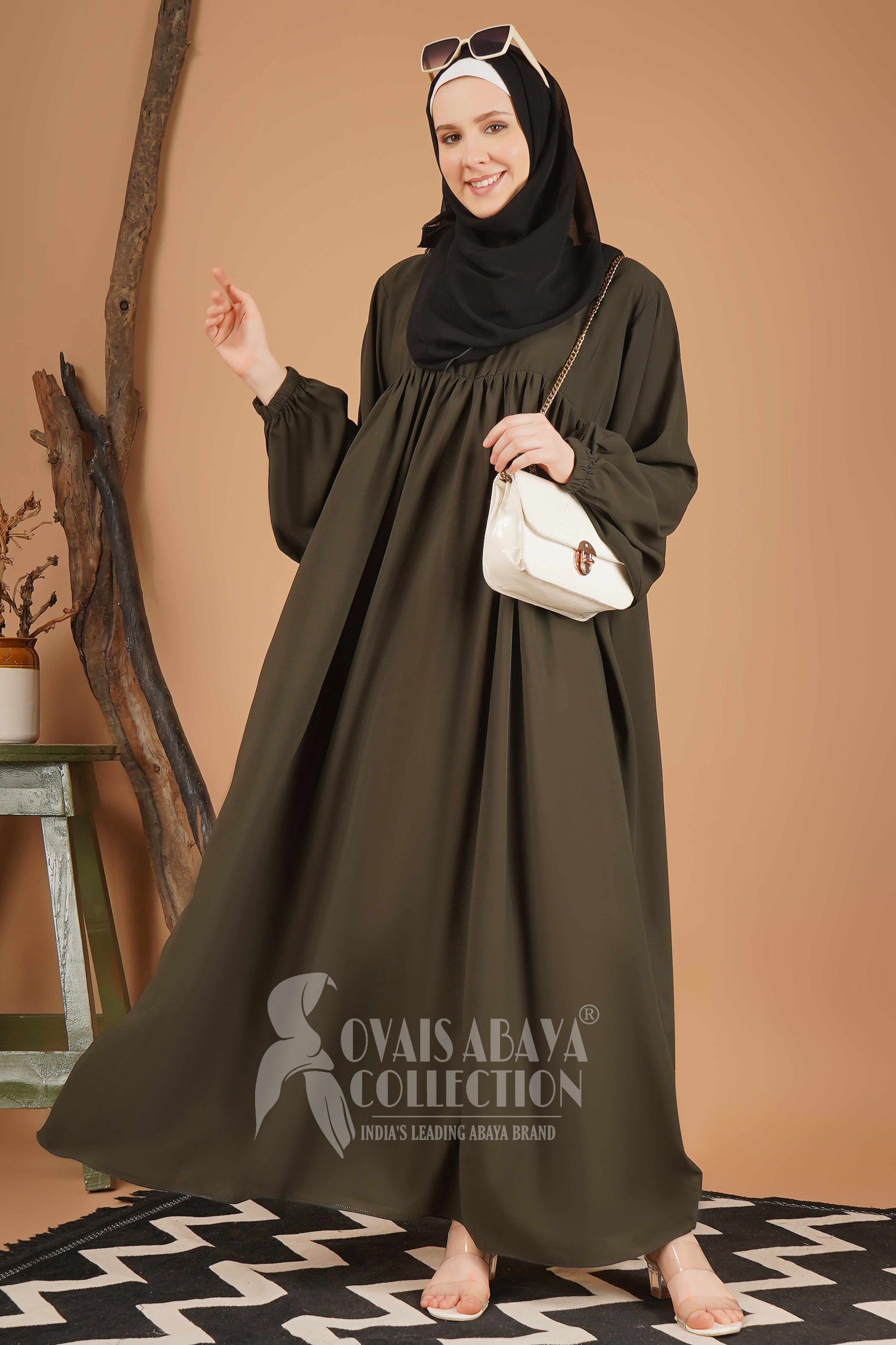 Maryam Pleated Balloon Sleeve Abaya OLIVE ( New Launch )