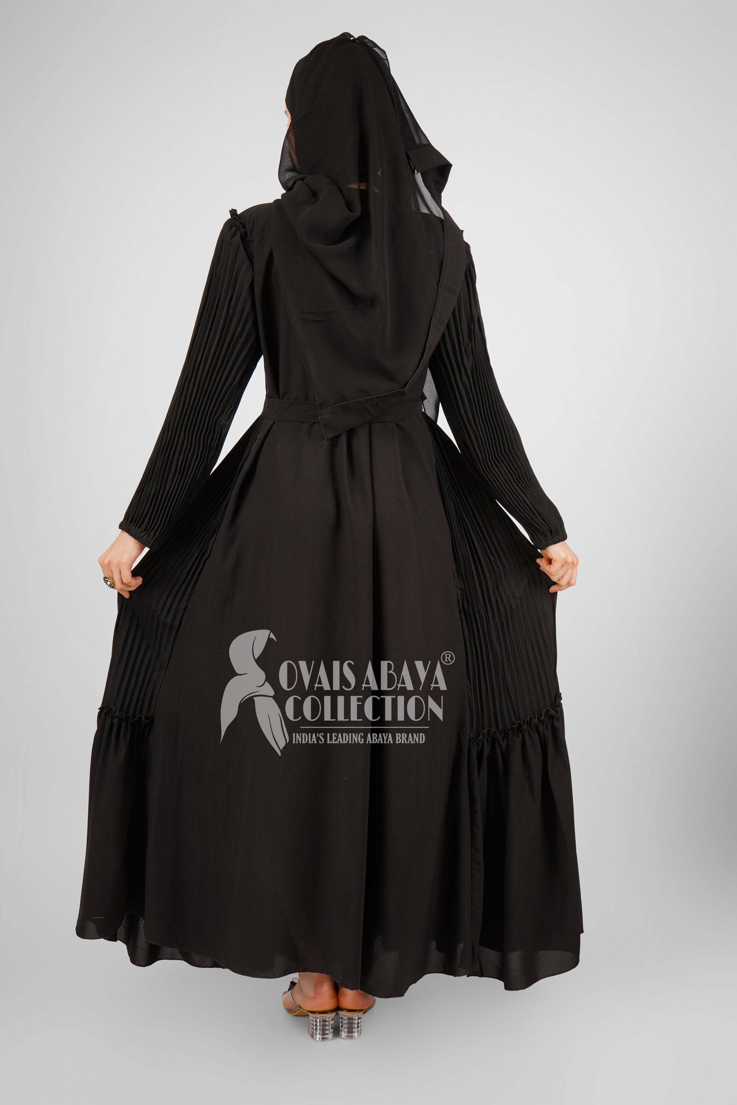 RIDA Beautiful Frill Plates work Abaya - BLACK ( HIGHLY CUSTOMER DEMAND )