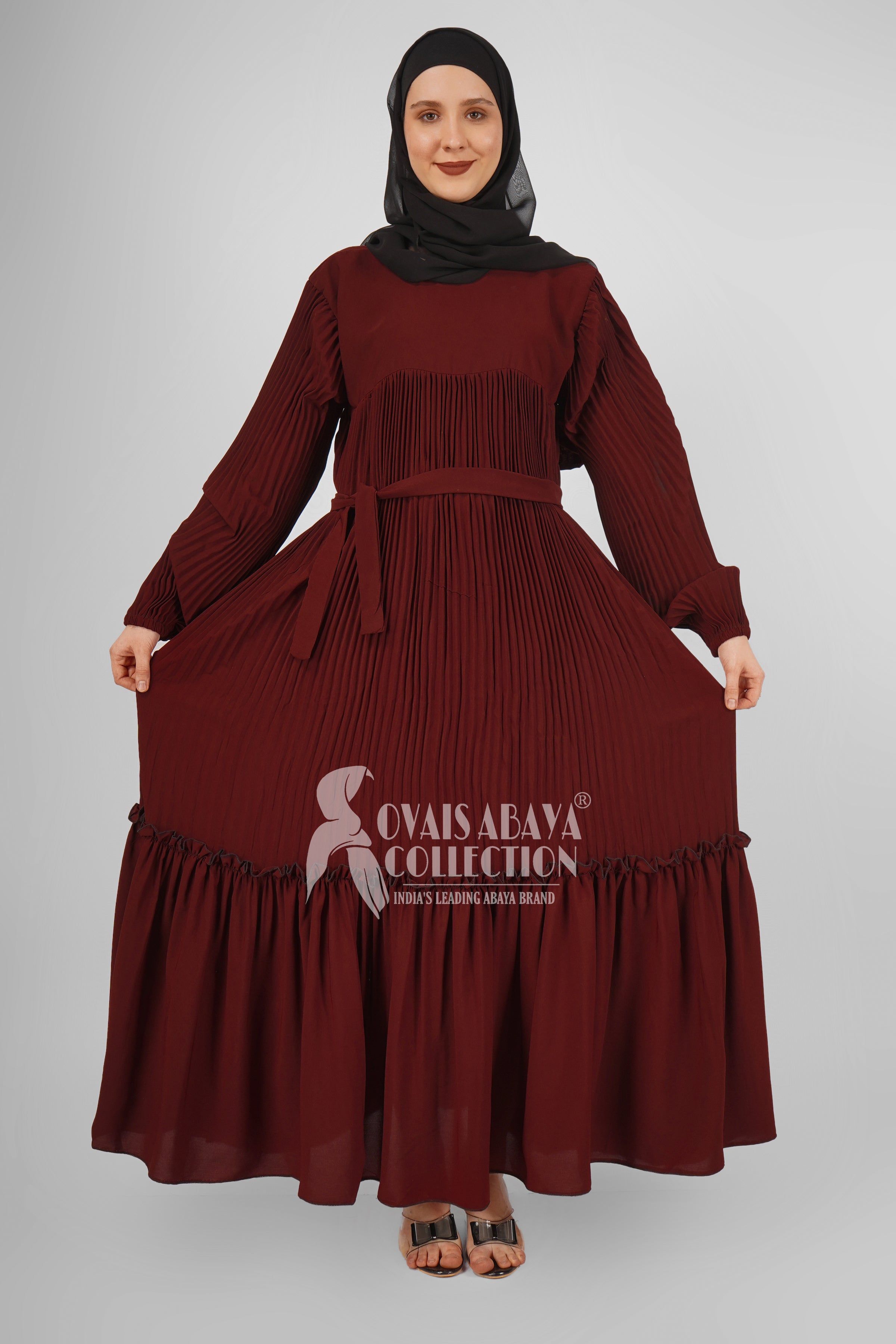 RIDA Beautiful Frill Plates work Abaya - RED ( HIGHLY CUSTOMER DEMAND )