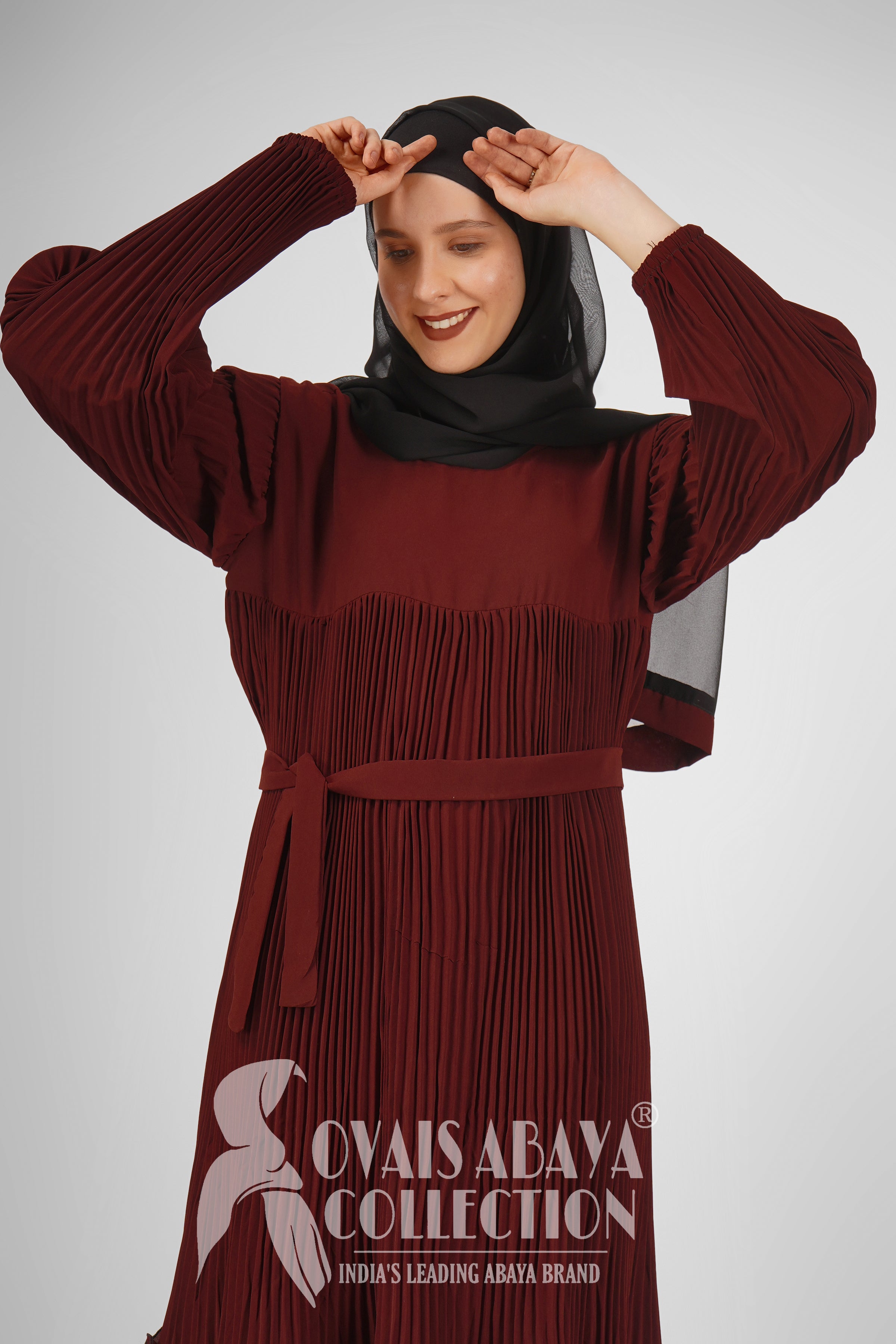 RIDA Beautiful Frill Plates work Abaya - RED ( HIGHLY CUSTOMER DEMAND )