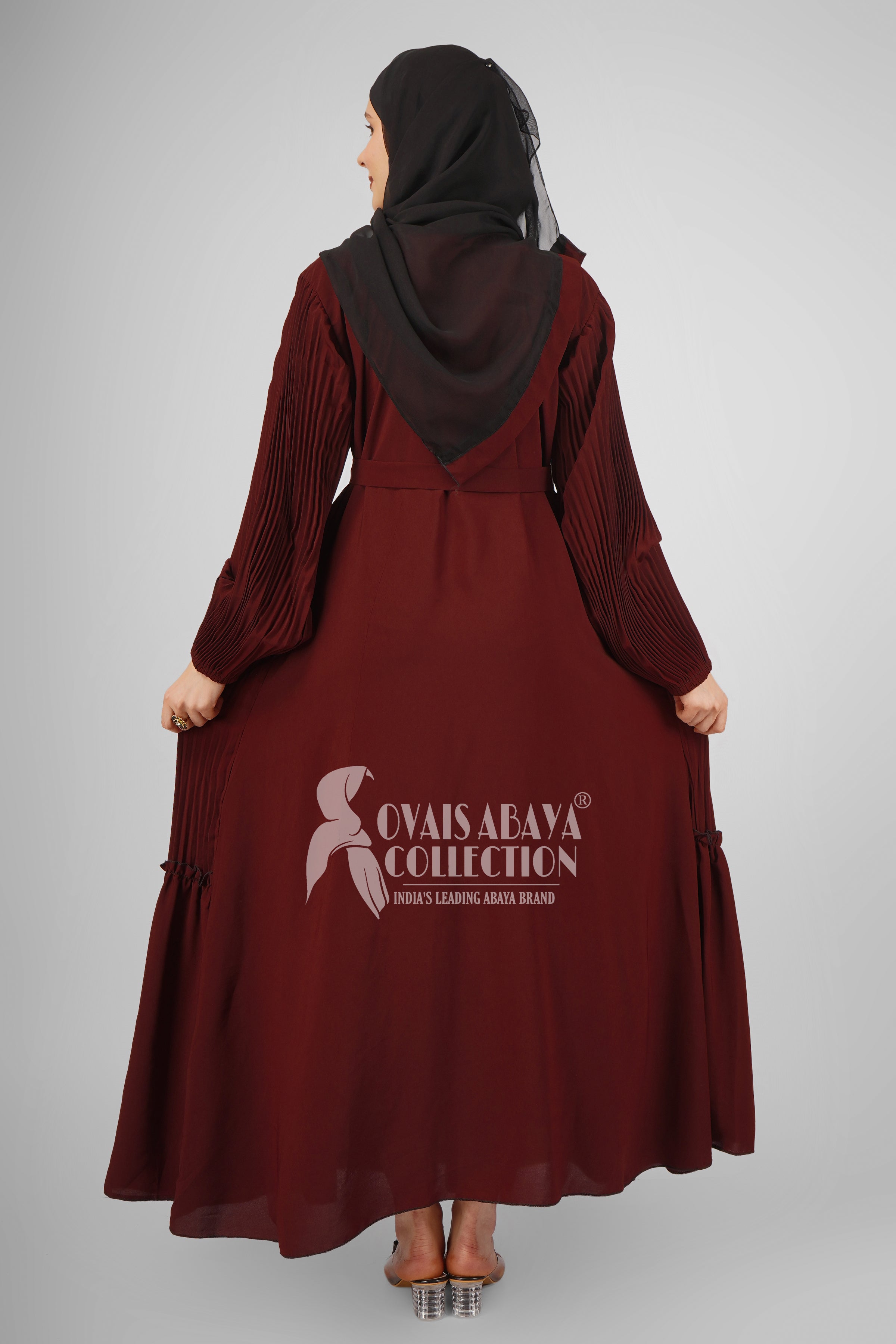 RIDA Beautiful Frill Plates work Abaya - RED ( HIGHLY CUSTOMER DEMAND )