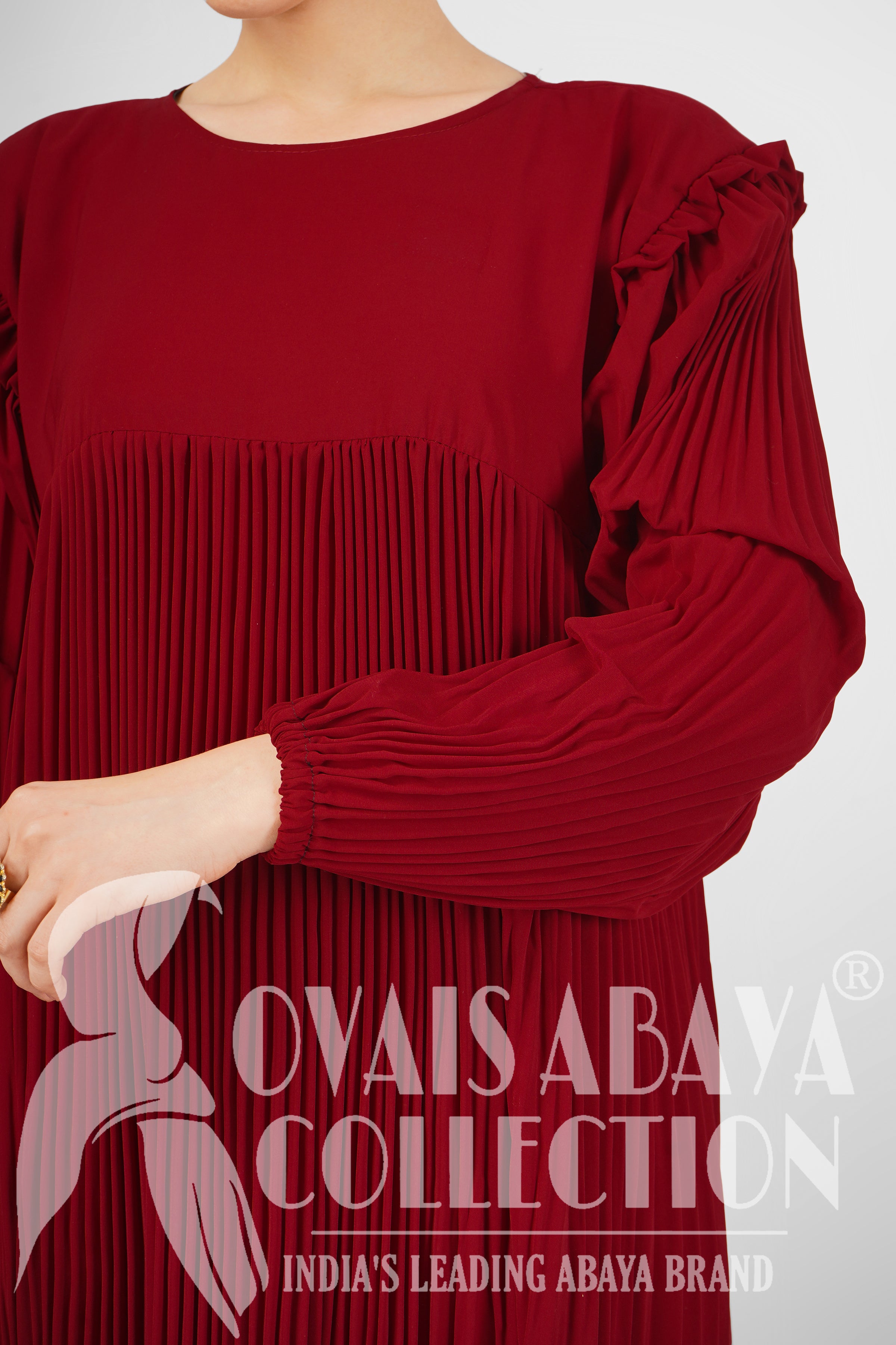 RIDA Beautiful Frill Plates work Abaya - LITE RED ( HIGHLY CUSTOMER DEMAND )