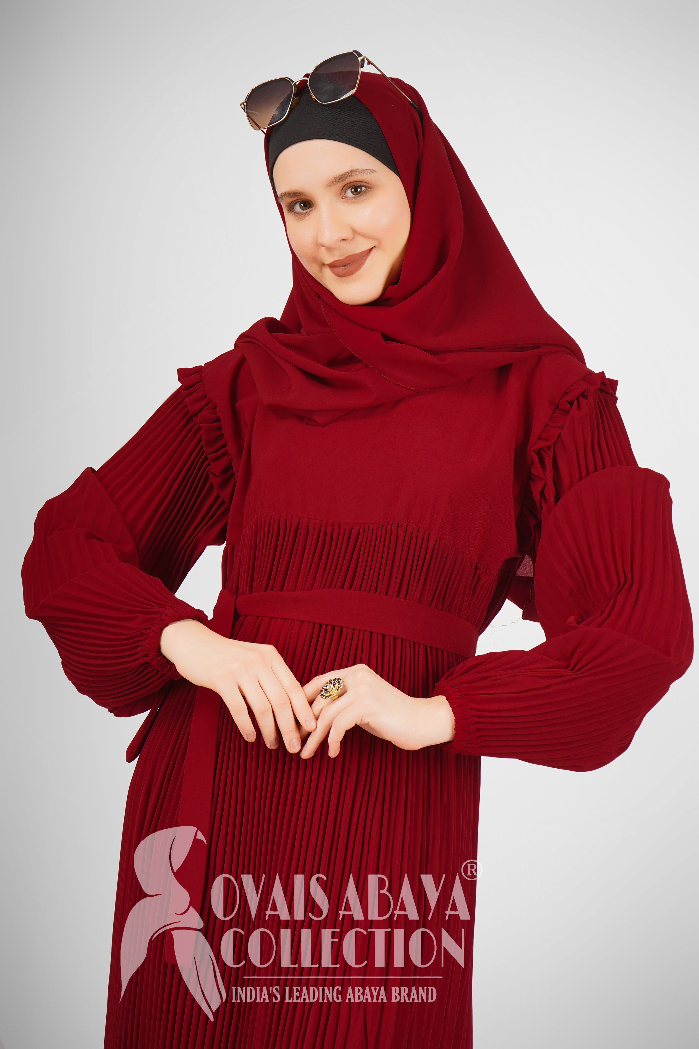 RIDA Beautiful Frill Plates work Abaya - LITE RED ( HIGHLY CUSTOMER DEMAND )