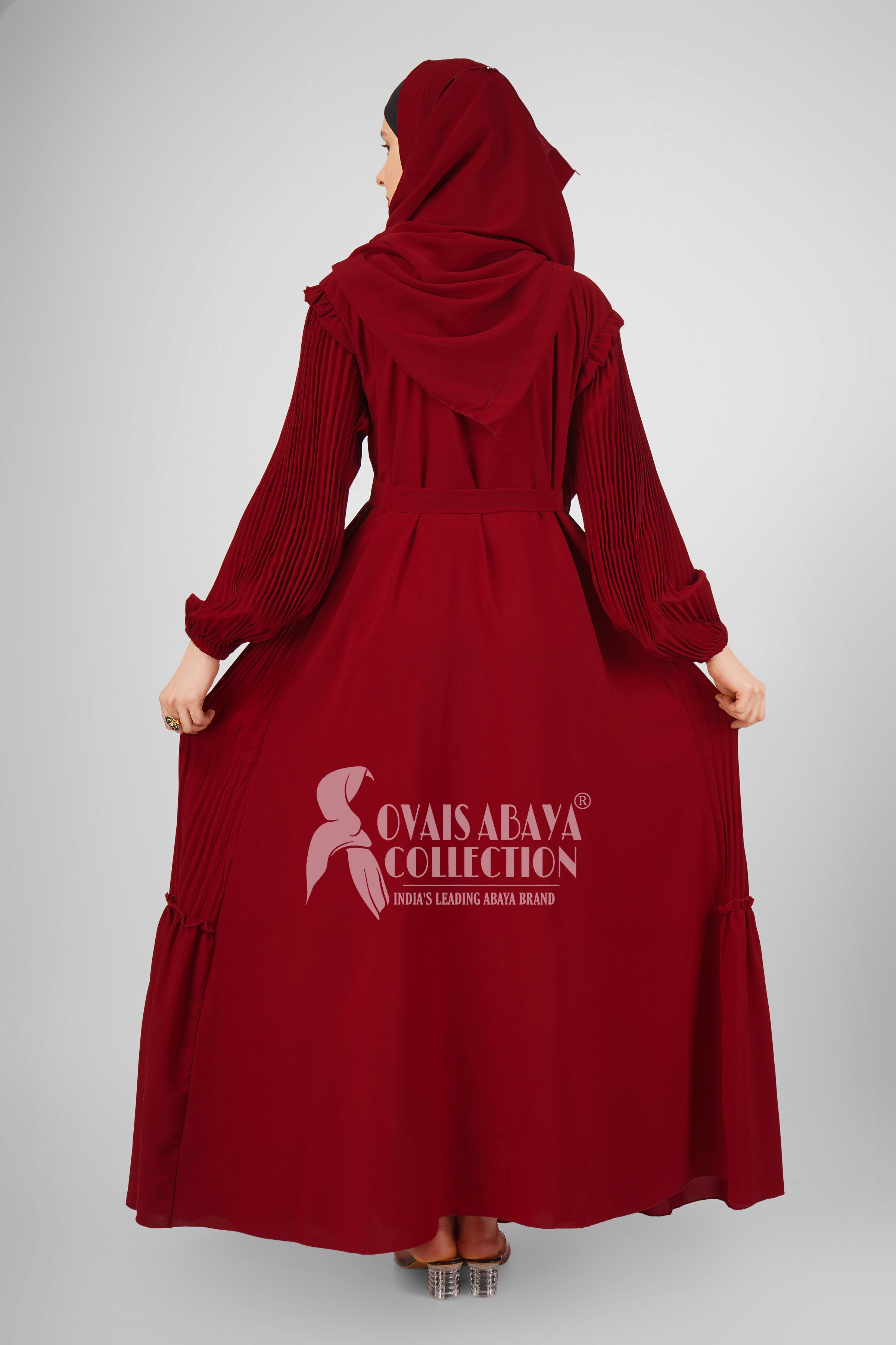 RIDA Beautiful Frill Plates work Abaya - LITE RED ( HIGHLY CUSTOMER DEMAND )