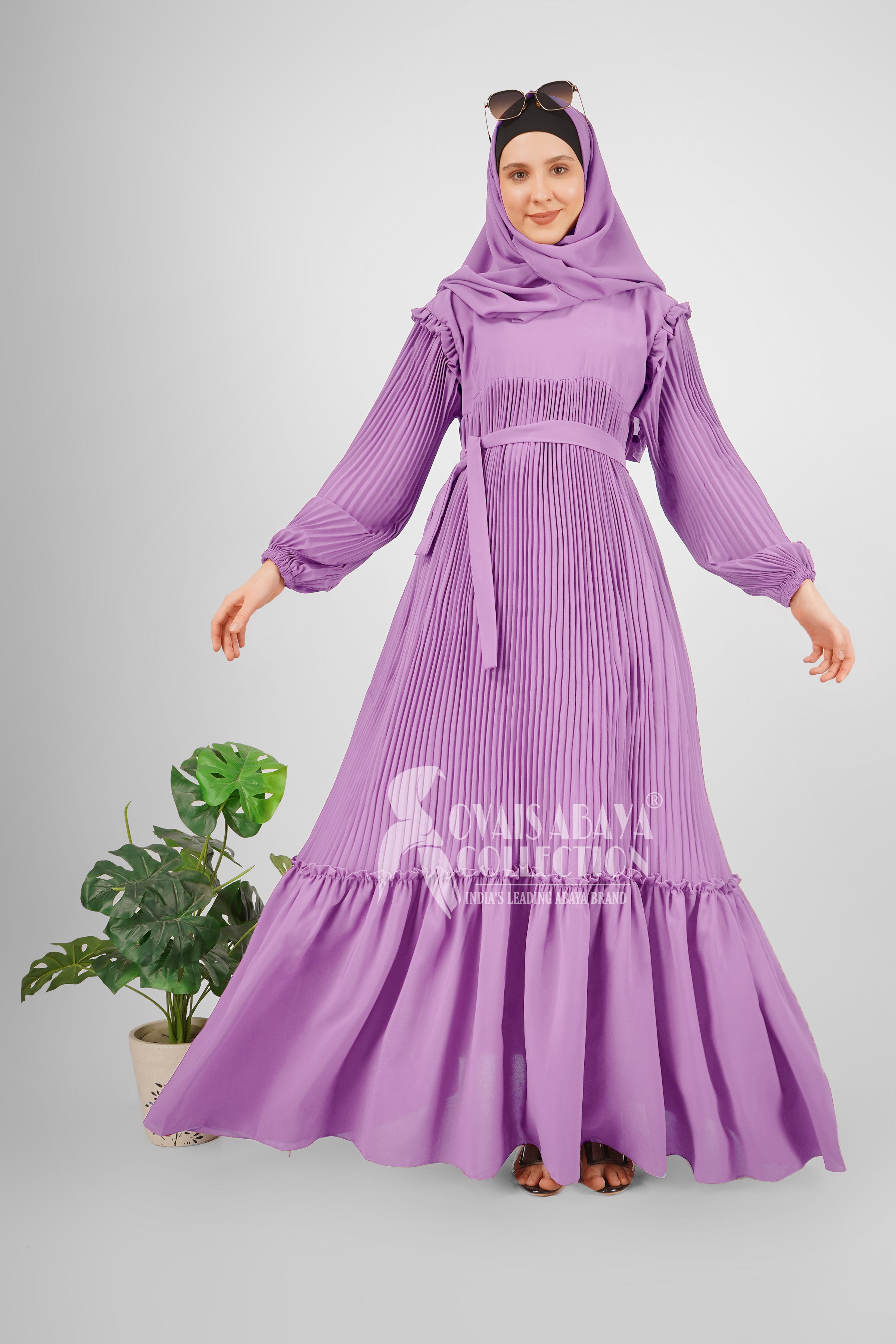 RIDA Beautiful Frill Plates work Abaya - LITE LAVENDER ( HIGHLY CUSTOMER DEMAND )