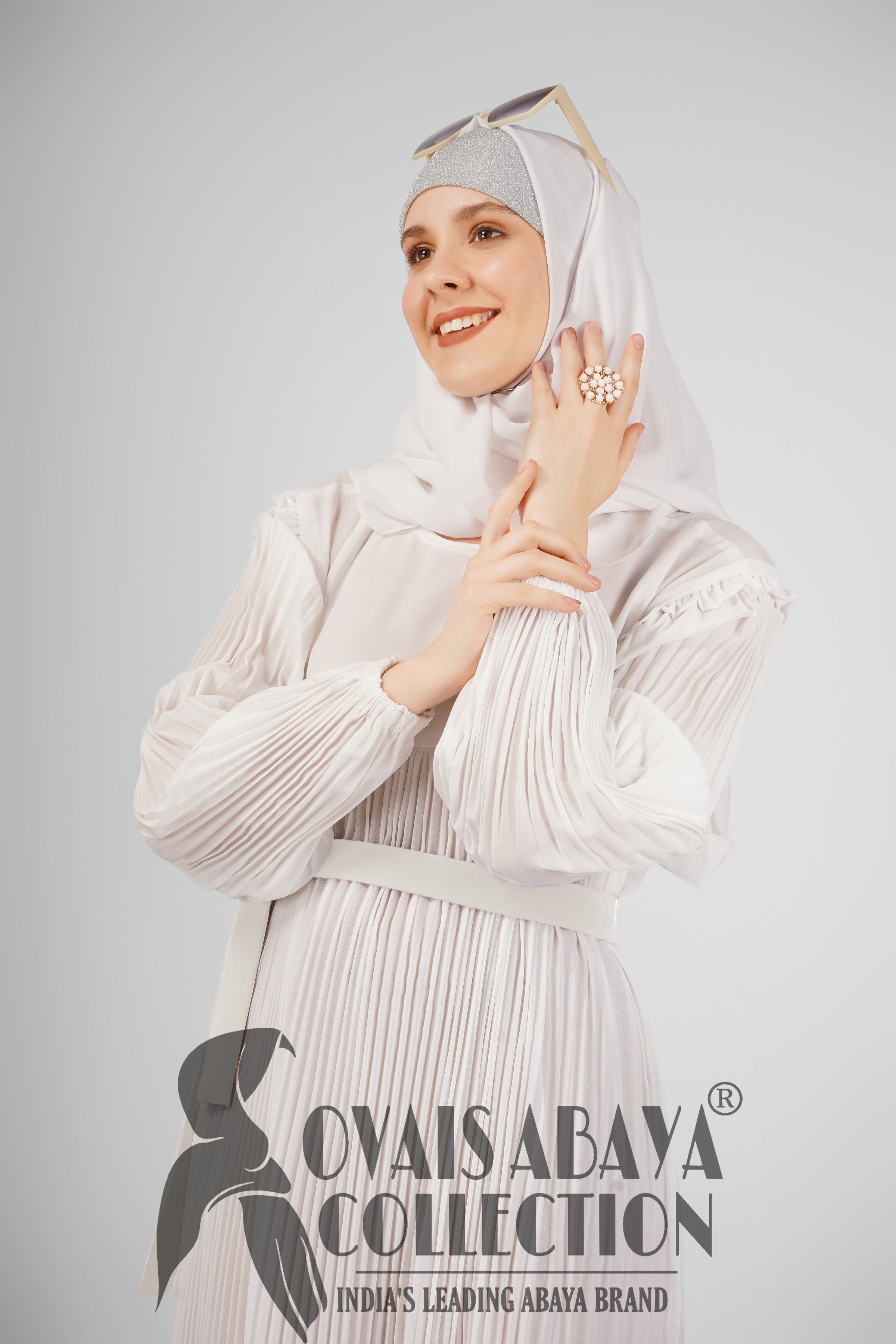 RIDA Beautiful Frill Plates work Abaya - WHITE ( HIGHLY CUSTOMER DEMAND )