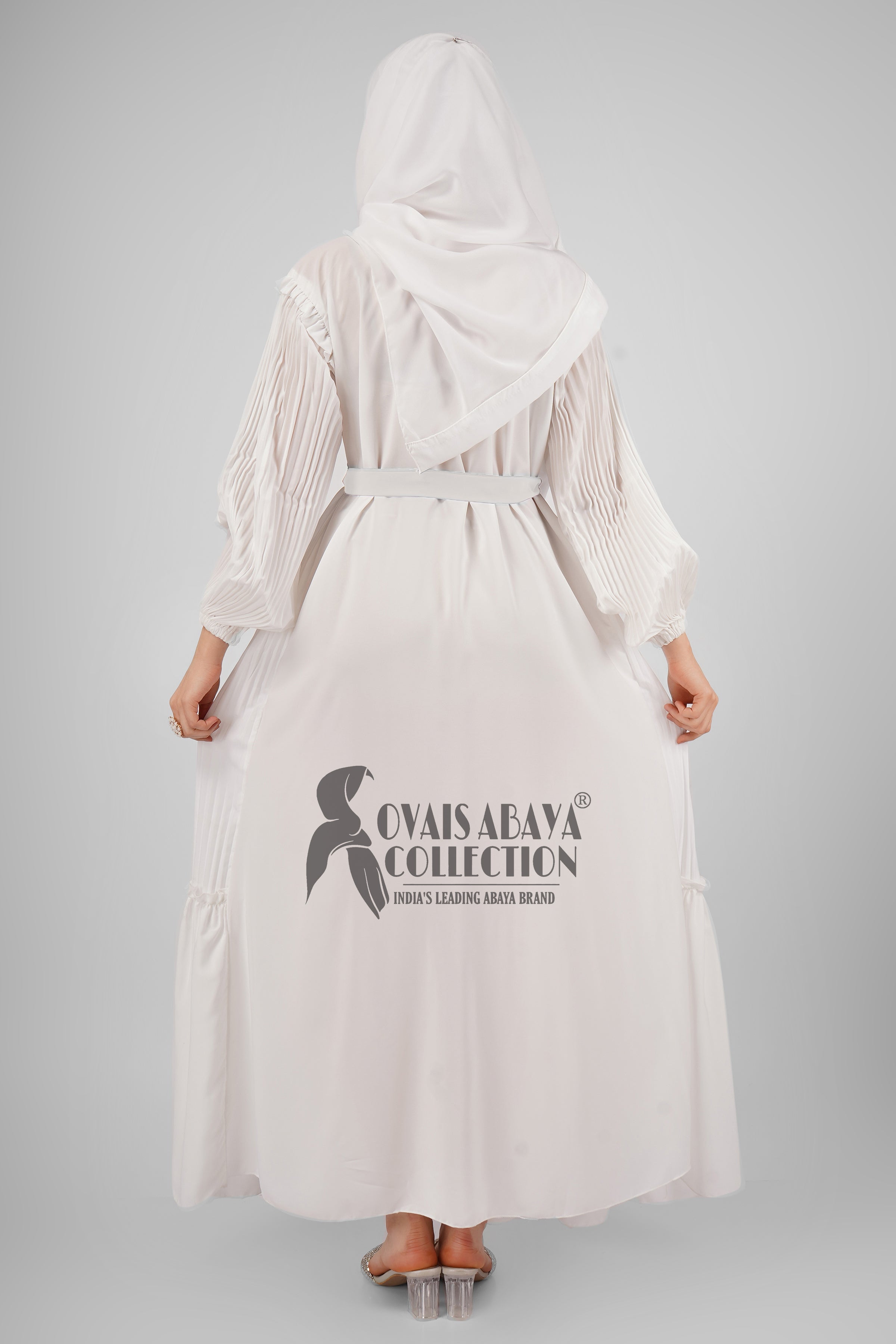 RIDA Beautiful Frill Plates work Abaya - WHITE ( HIGHLY CUSTOMER DEMAND )