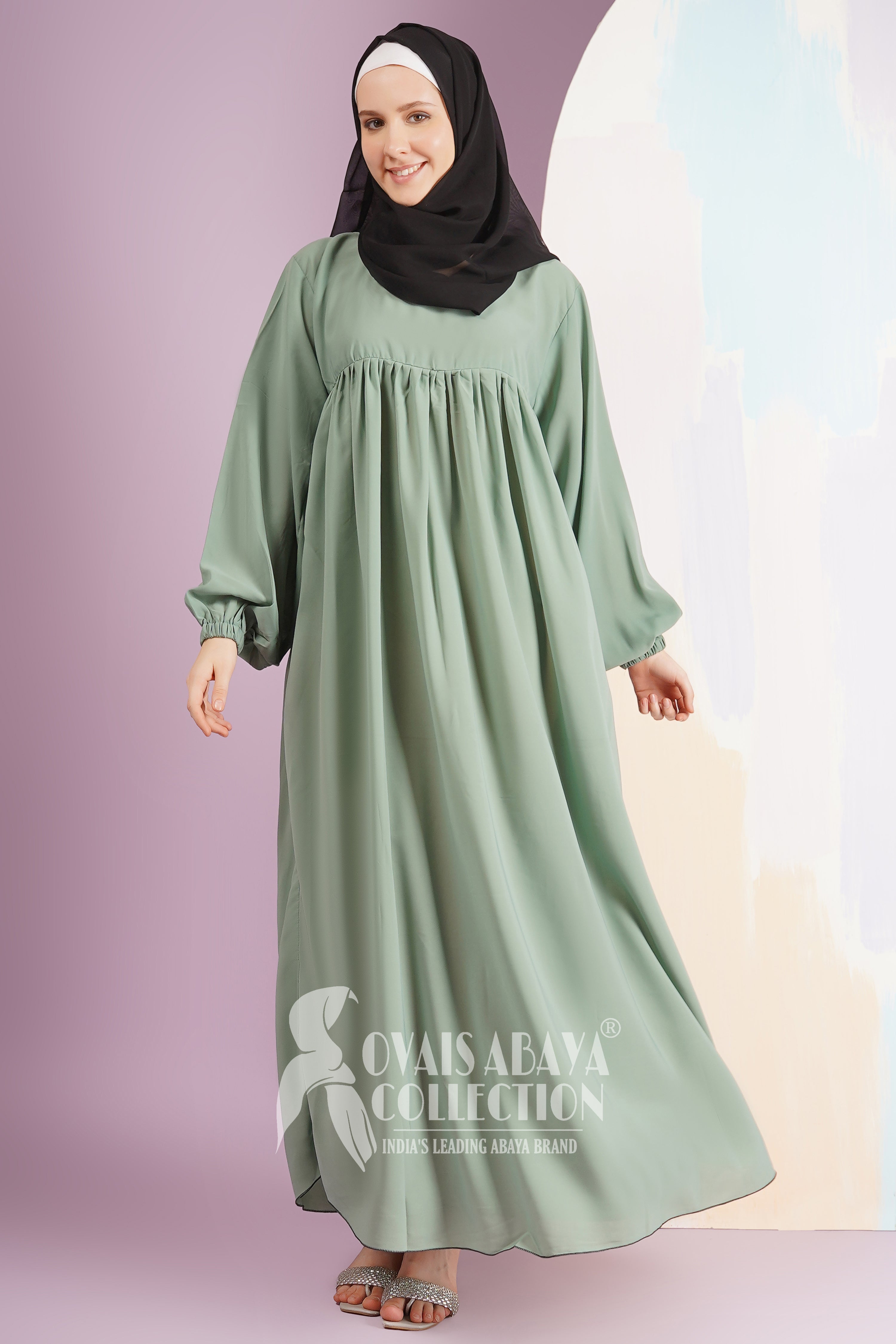 Maryam Pleated Balloon Sleeve Abaya SEA GREEN ( New Launch )