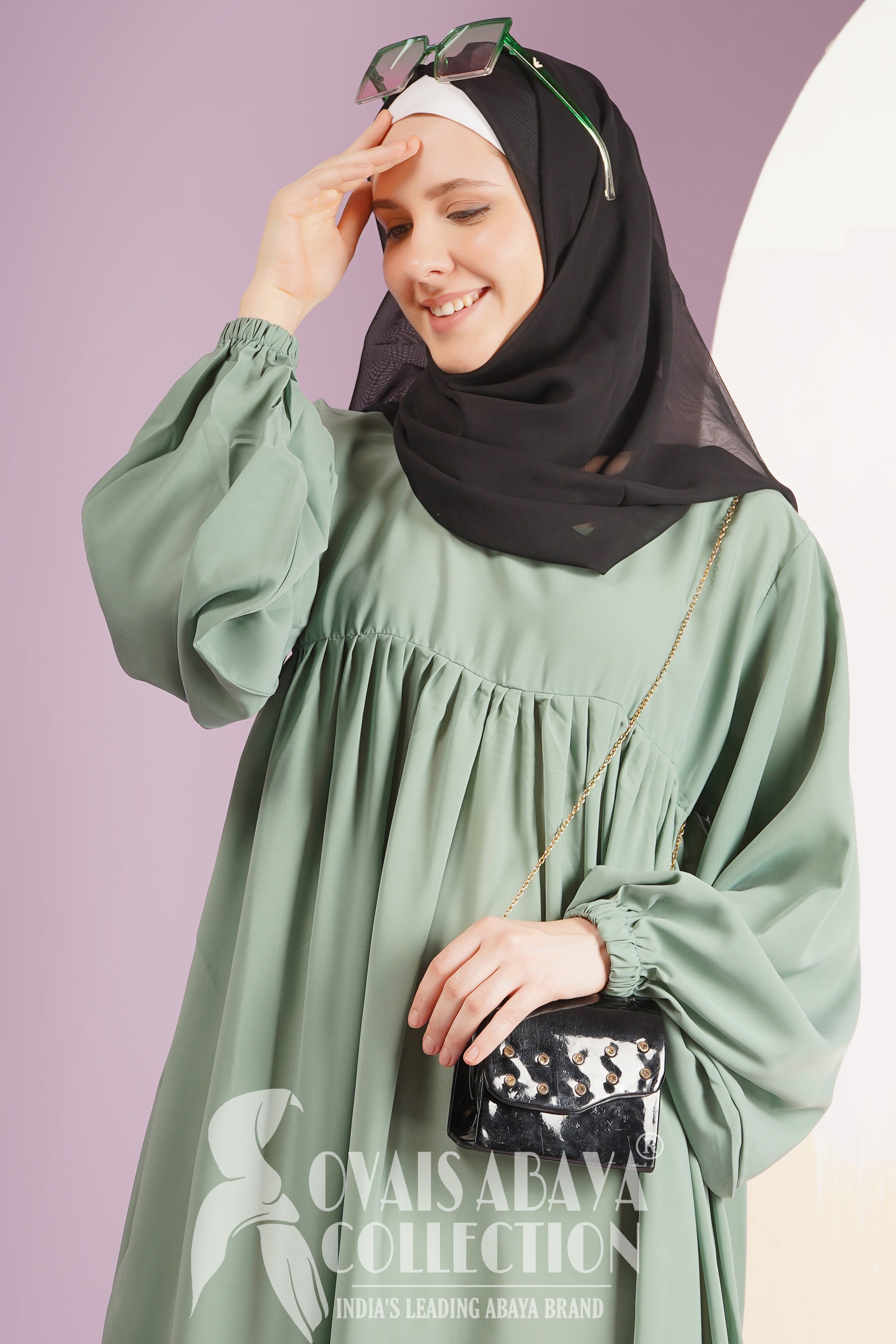 Maryam Pleated Balloon Sleeve Abaya SEA GREEN ( New Launch )