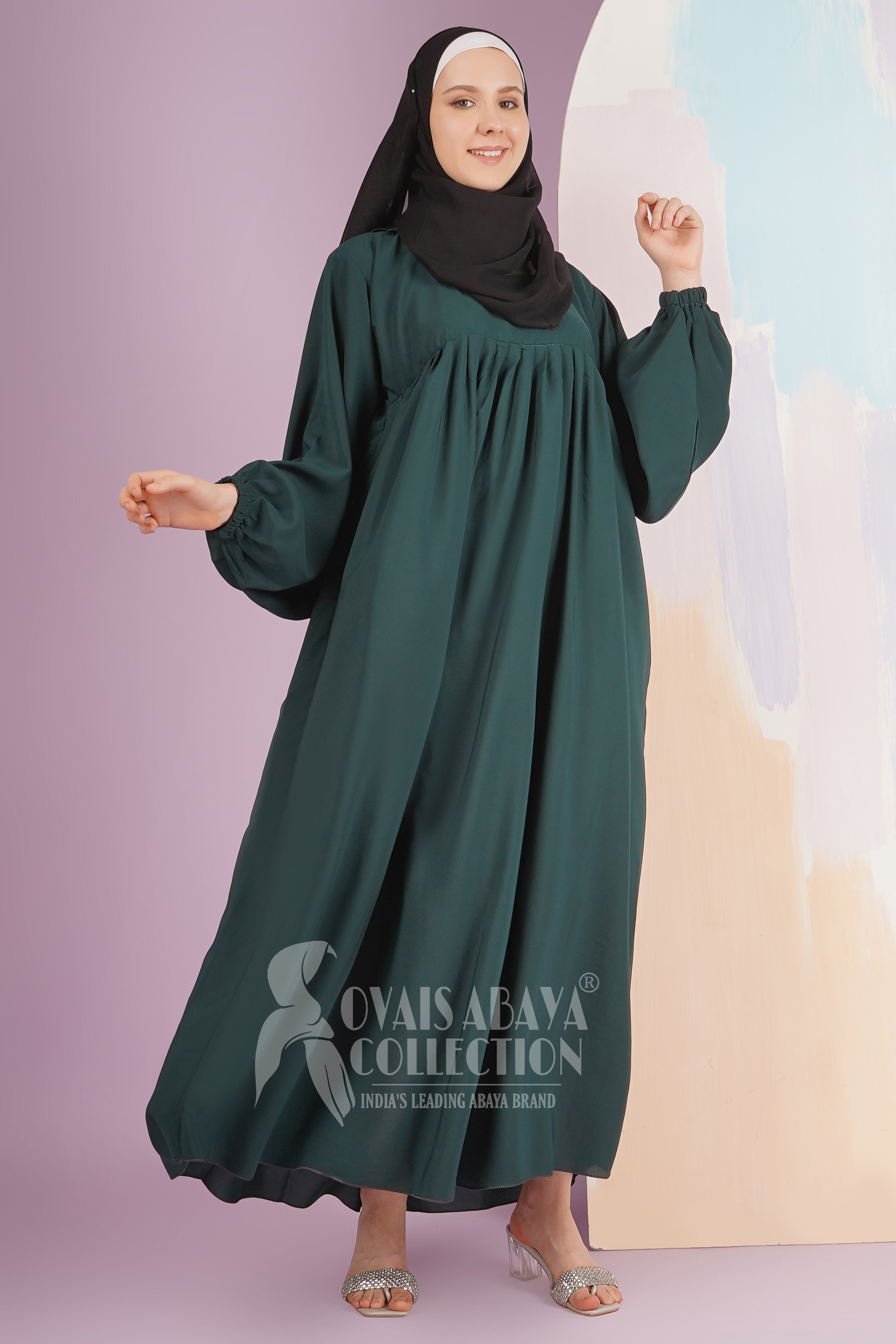 Maryam Pleated Balloon Sleeve Abaya BOTTLE GREEN ( New Launch )