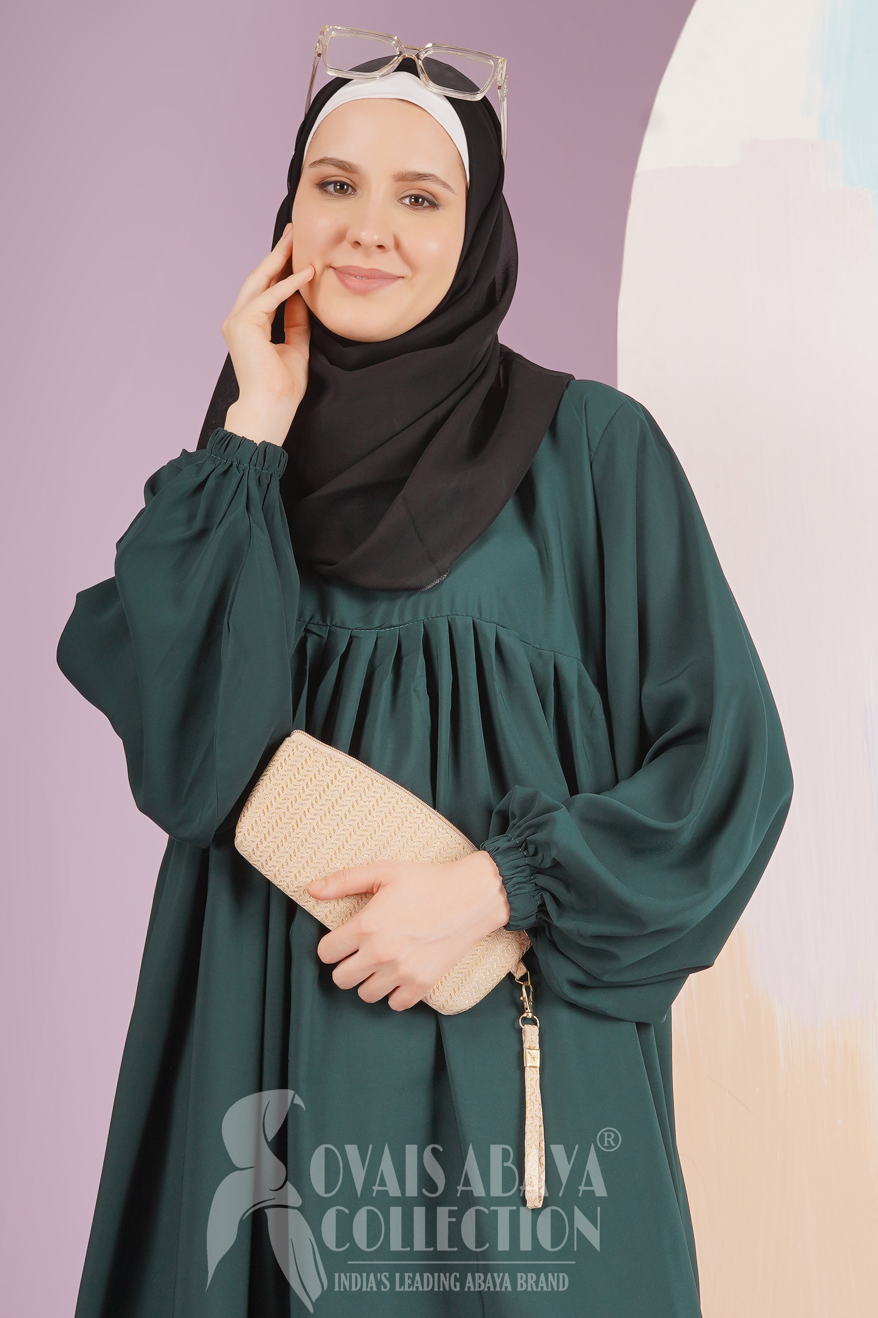 Maryam Pleated Balloon Sleeve Abaya BOTTLE GREEN ( New Launch )