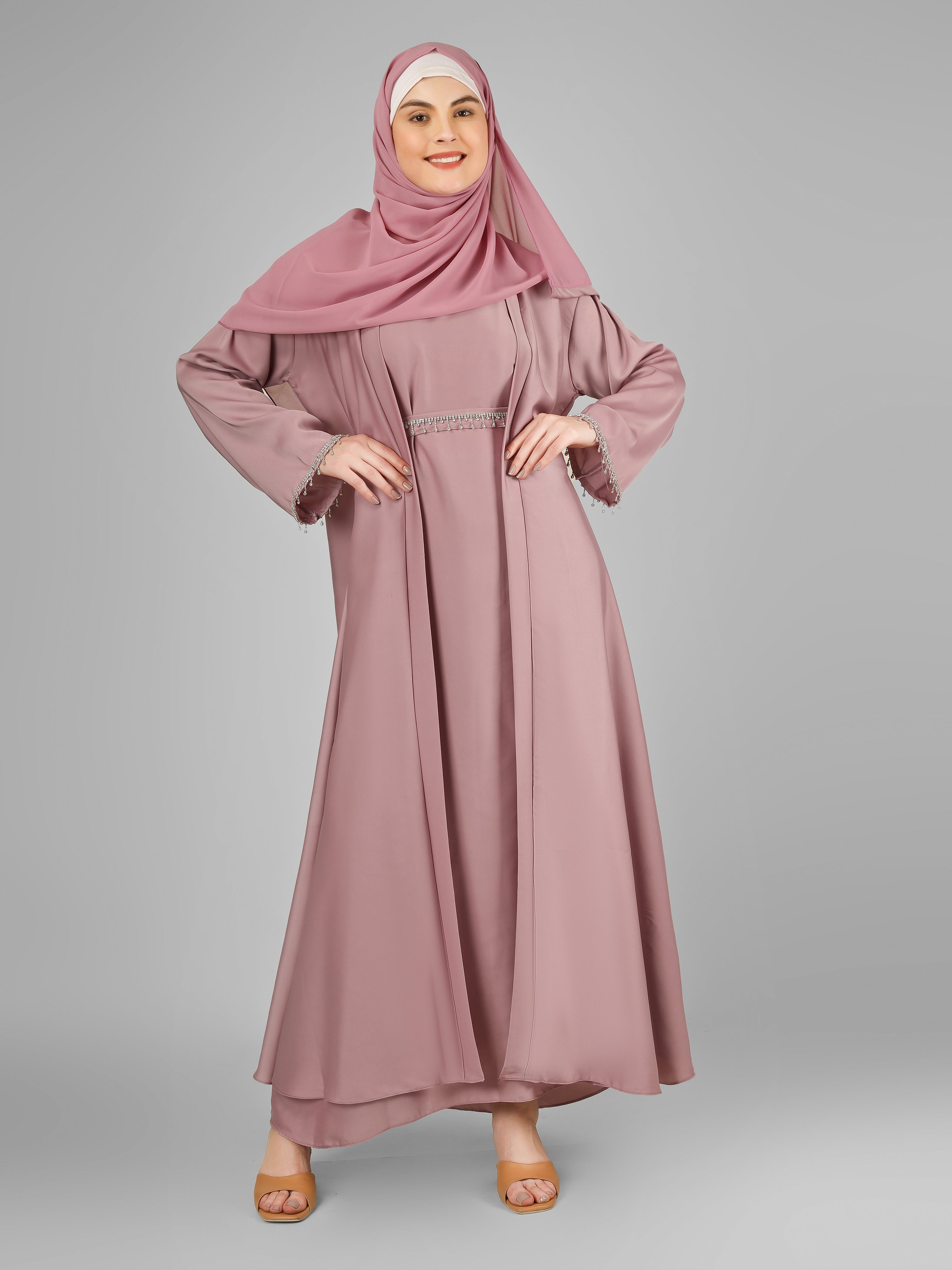 SAFFIA DOUBLE SHRUG LACE ABAYA | MAUVE PINK
