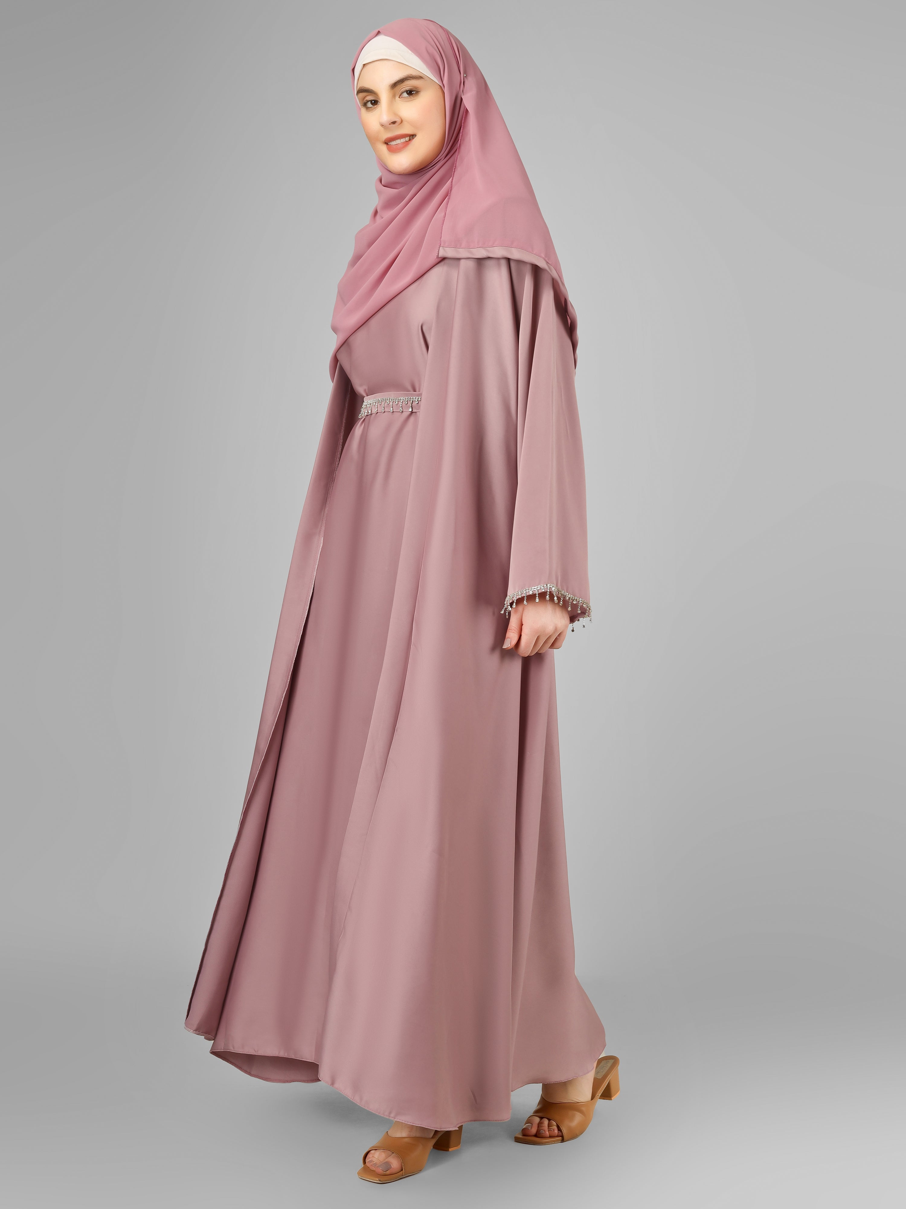 SAFFIA DOUBLE SHRUG LACE ABAYA | MAUVE PINK
