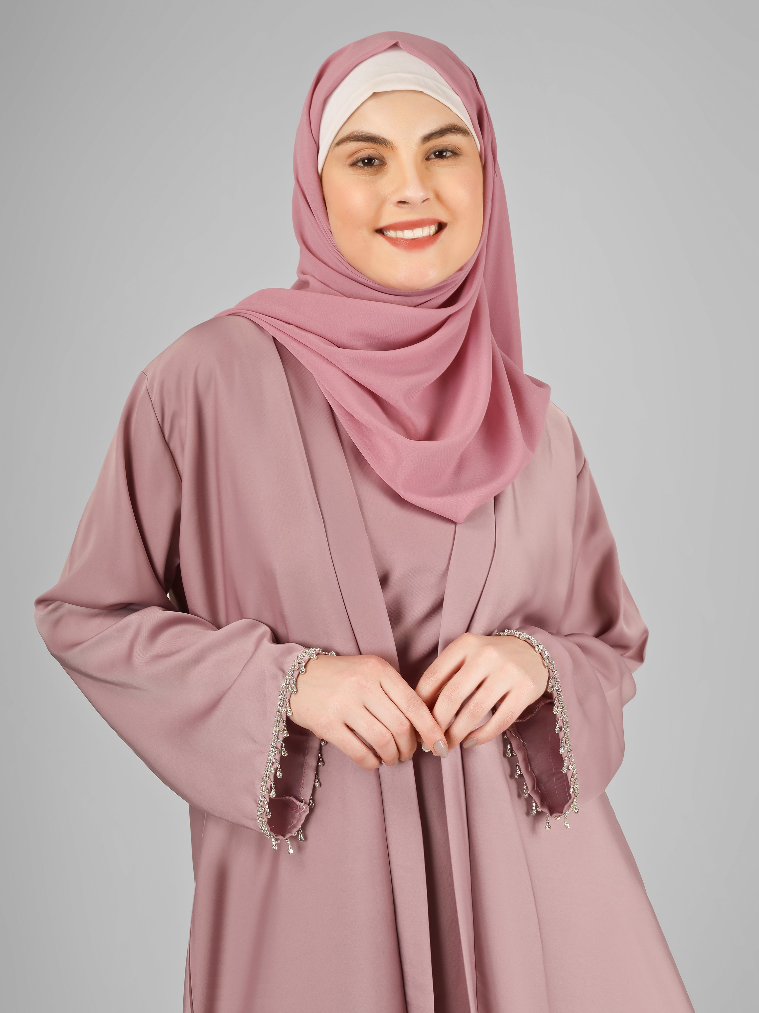 SAFFIA DOUBLE SHRUG LACE ABAYA | MAUVE PINK