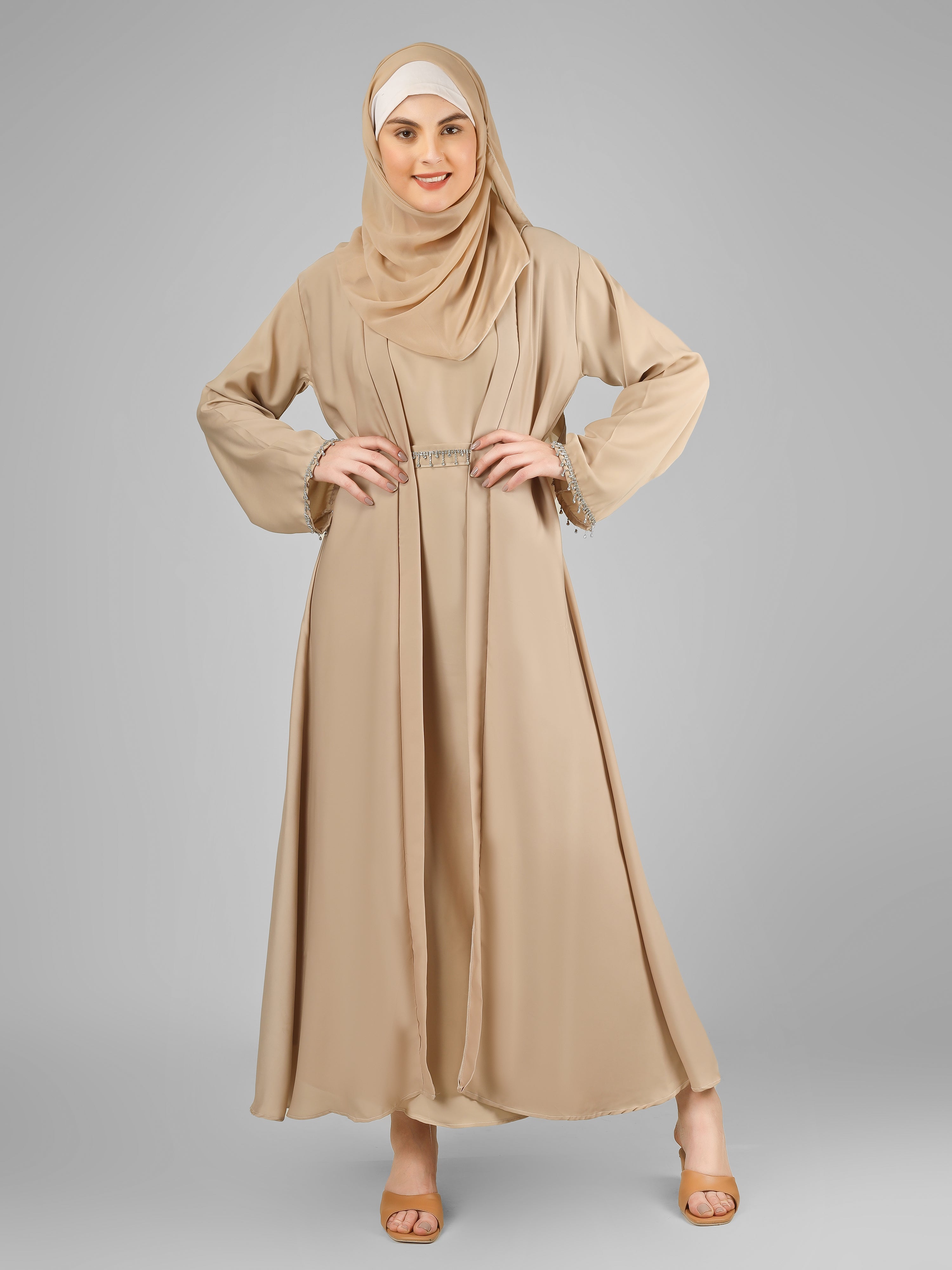 SAFFIA DOUBLE SHRUG LACE ABAYA | NUDE