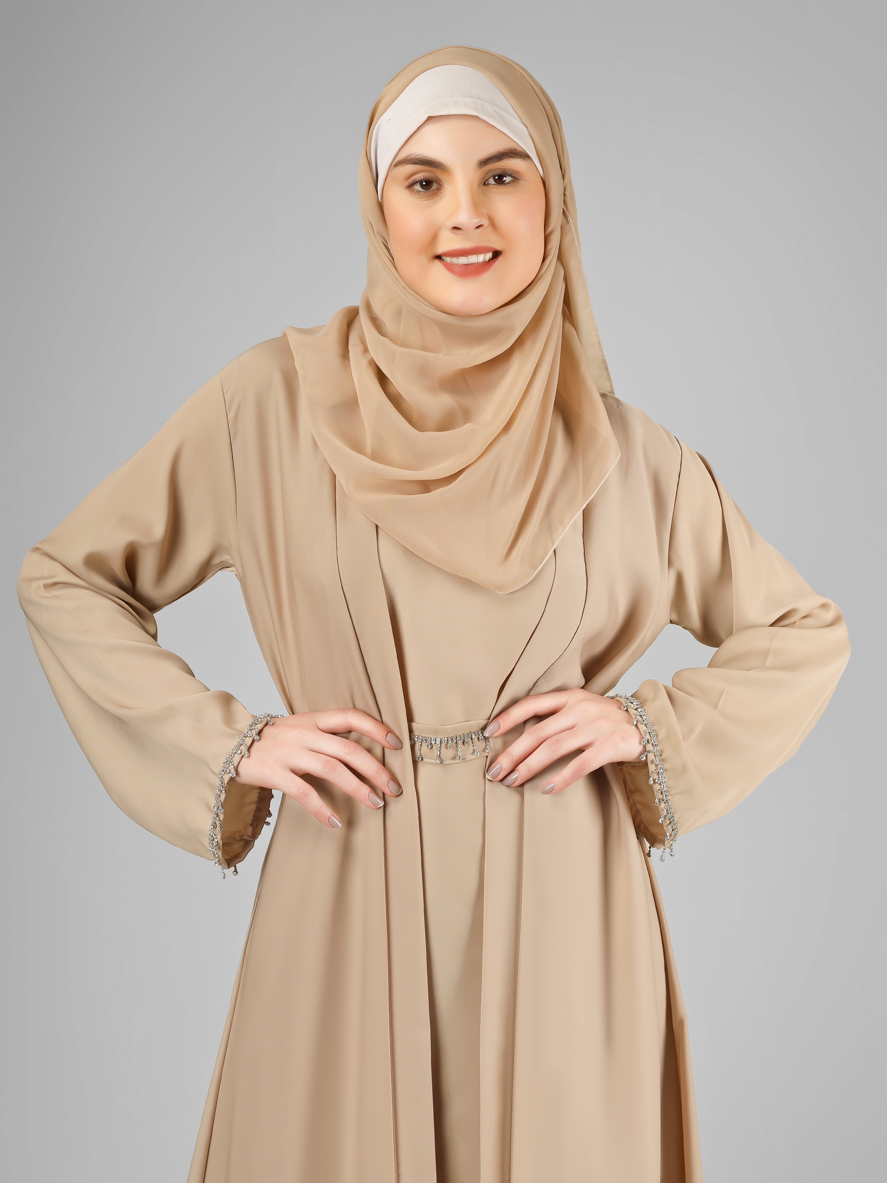 SAFFIA DOUBLE SHRUG LACE ABAYA | NUDE