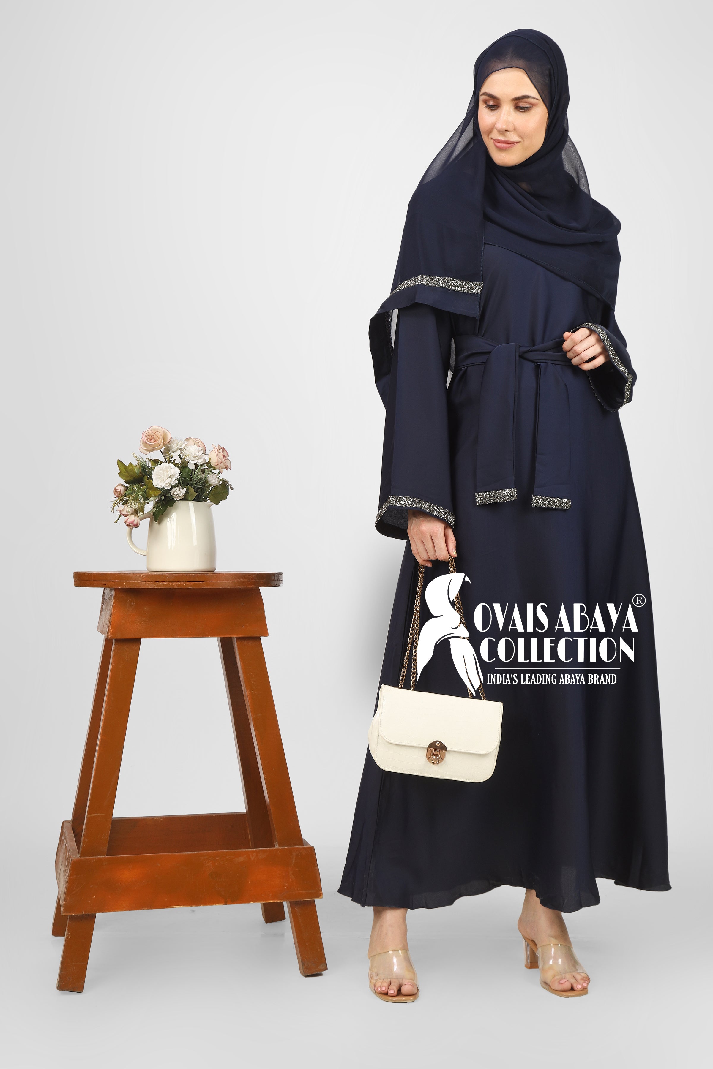 Imported Zainab Stone Lace Abaya ( NAVY BLUE )