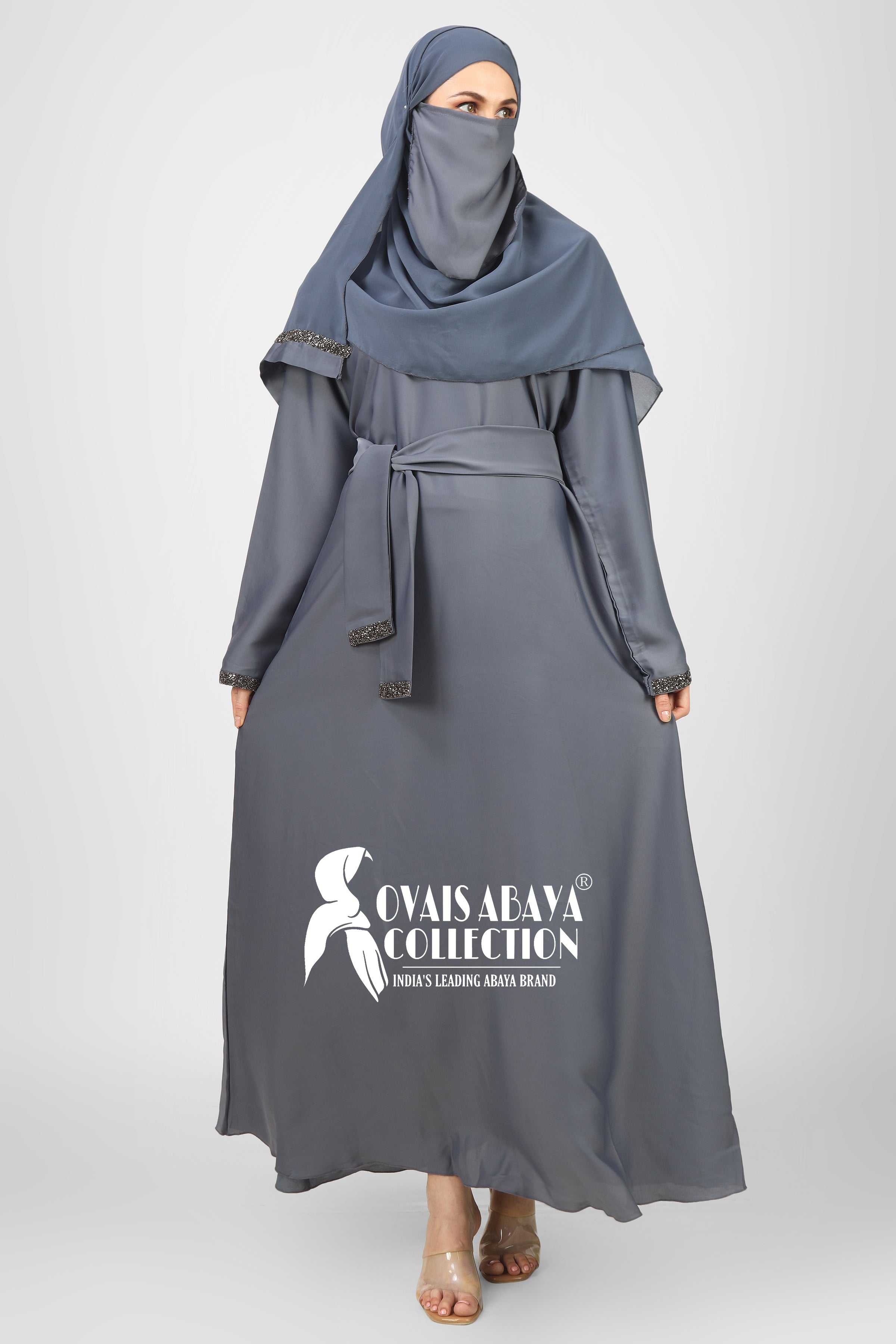 Imported Zainab Stone Lace Abaya ( LITE GRAY )