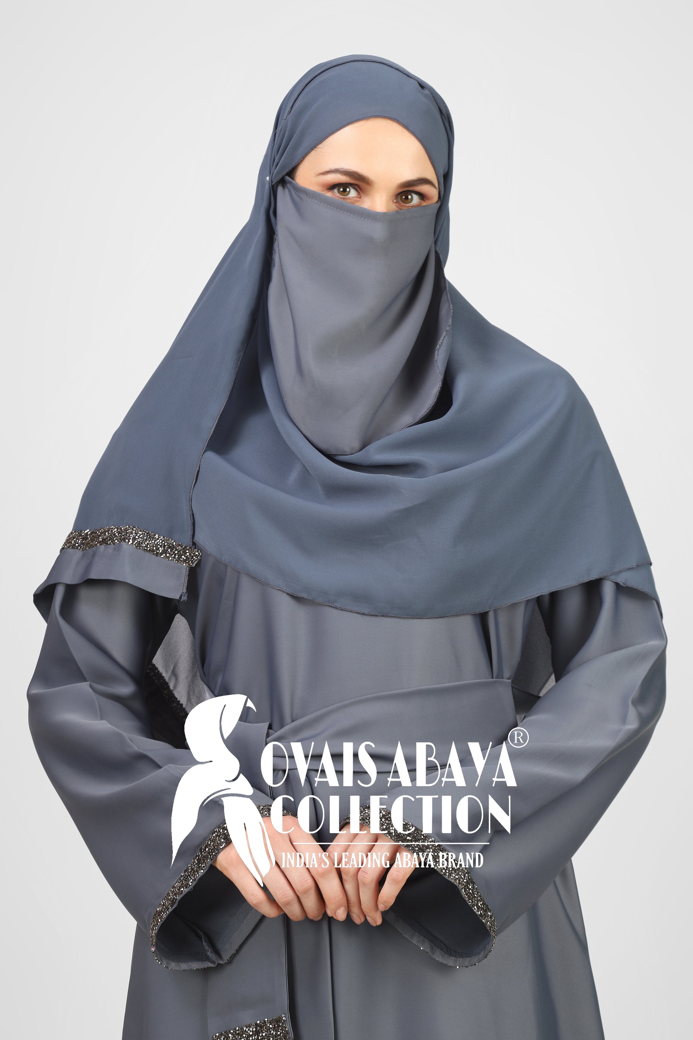 Imported Zainab Stone Lace Abaya ( LITE GRAY )