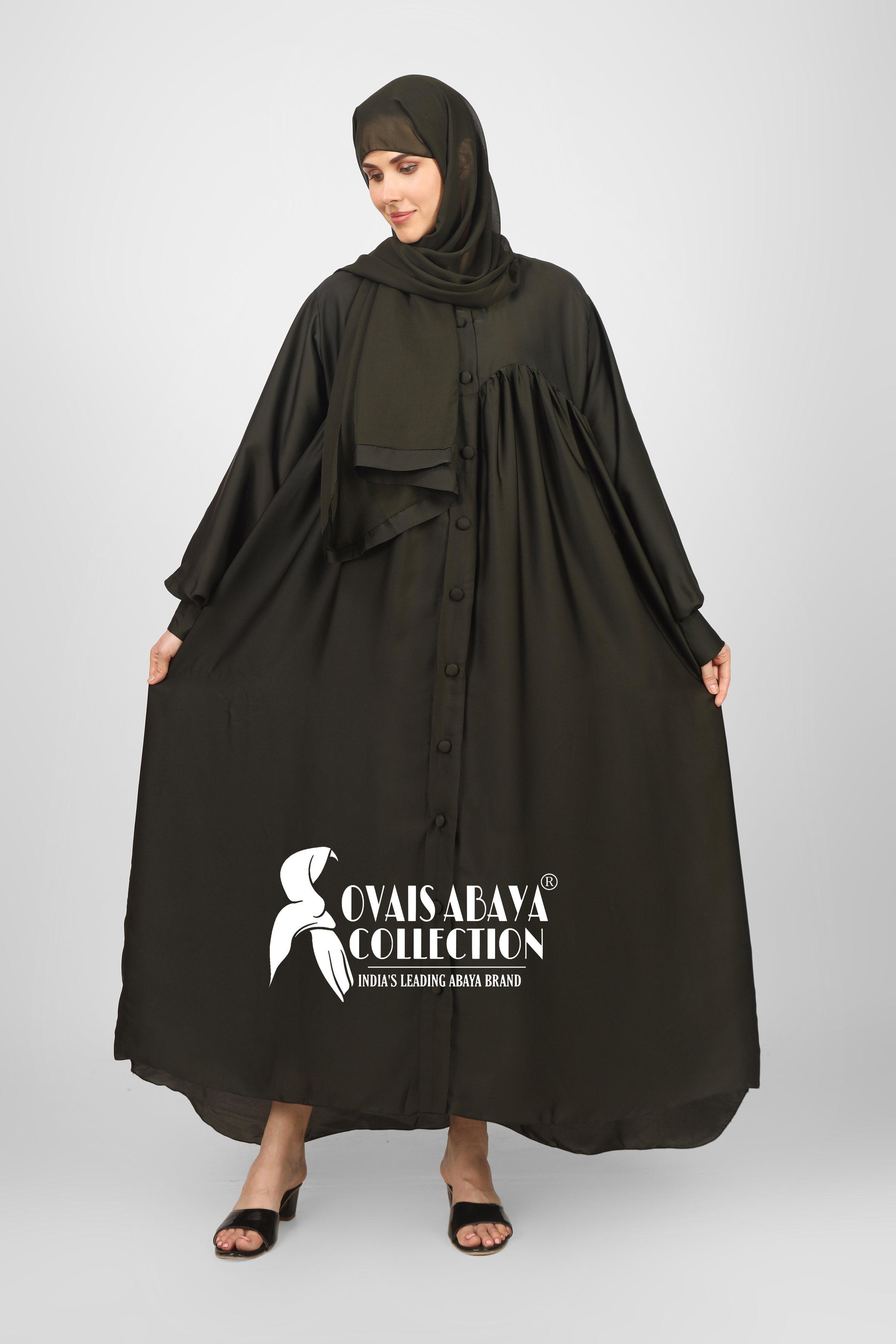 Beautiful Frill Plates Work Buttons Abaya ( OLIVE )