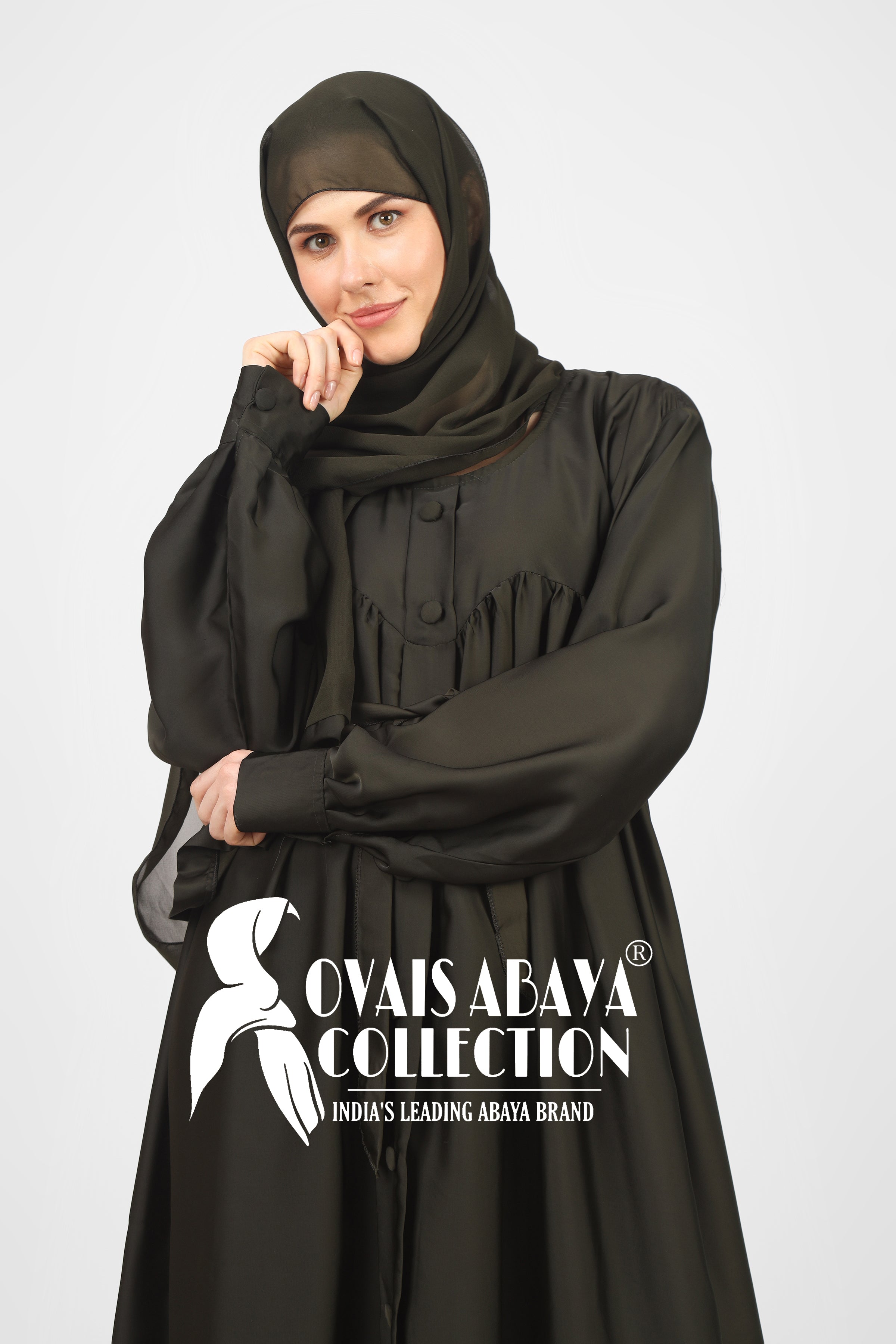 Beautiful Frill Plates Work Buttons Abaya ( OLIVE )