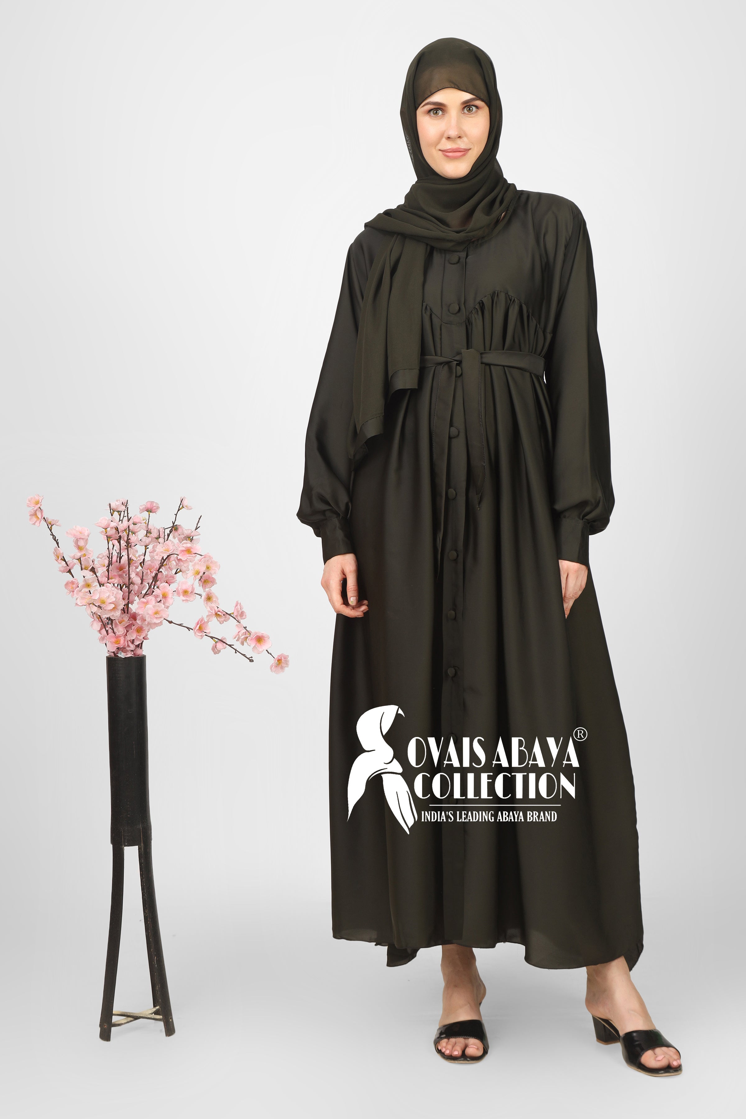 Beautiful Frill Plates Work Buttons Abaya ( OLIVE )