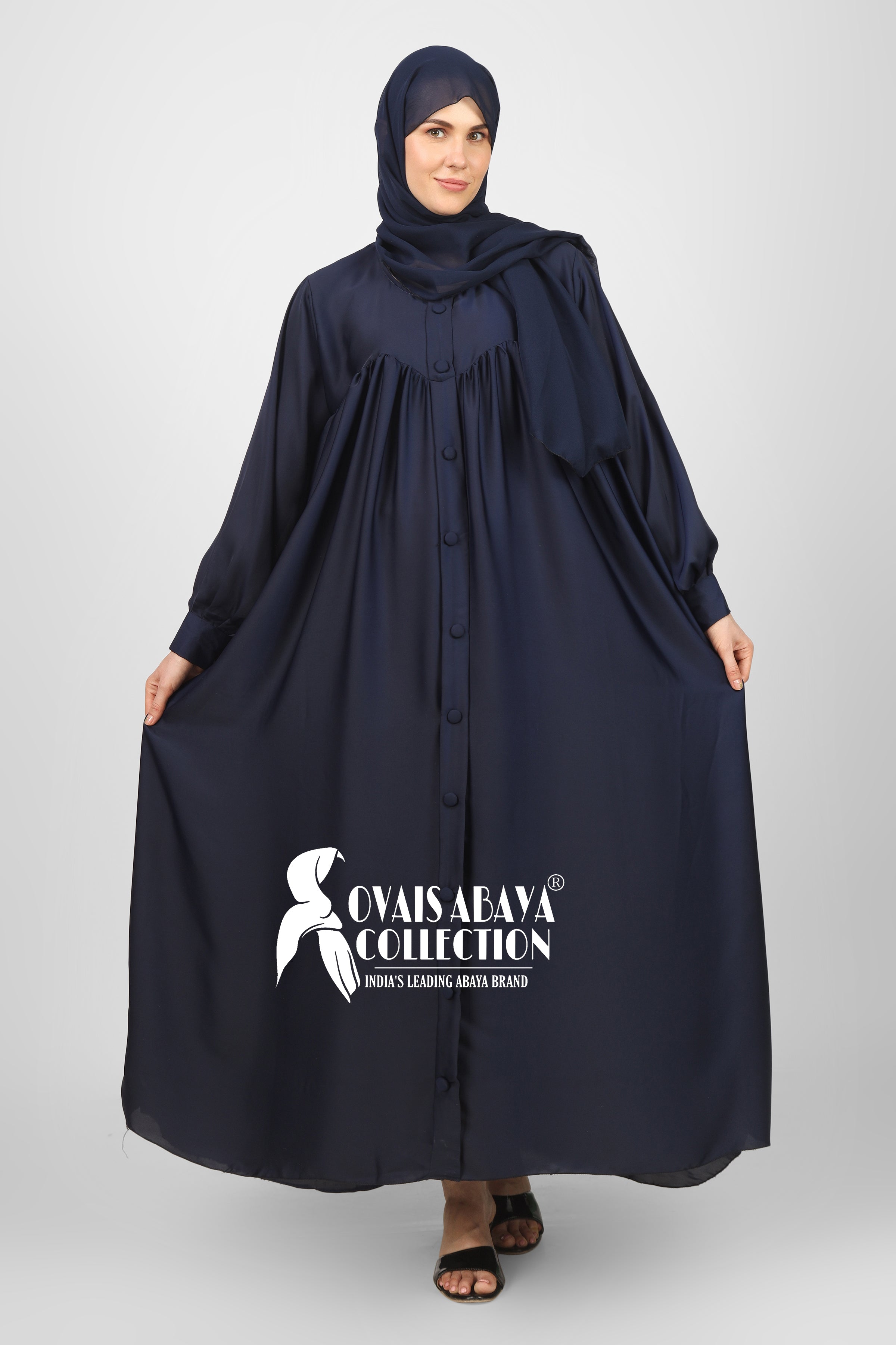 Beautiful Frill Plates Work Buttons Abaya ( NAVY BLUE  )