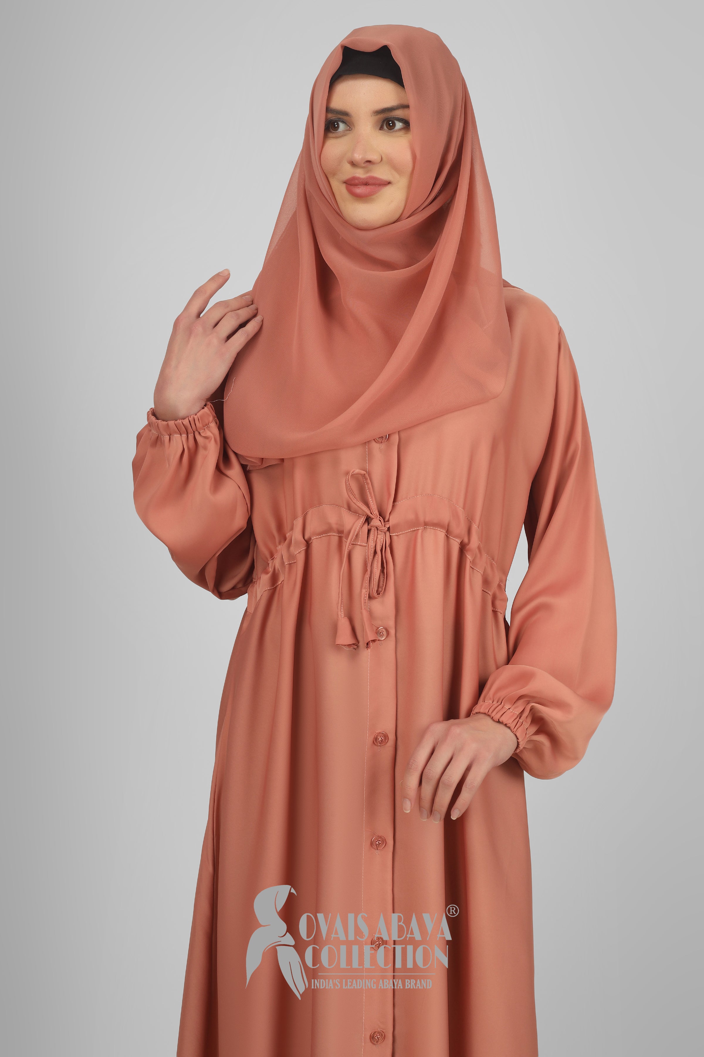 New Launch Huriya Front Open Collar Abaya PEACH ( Limited Stock )