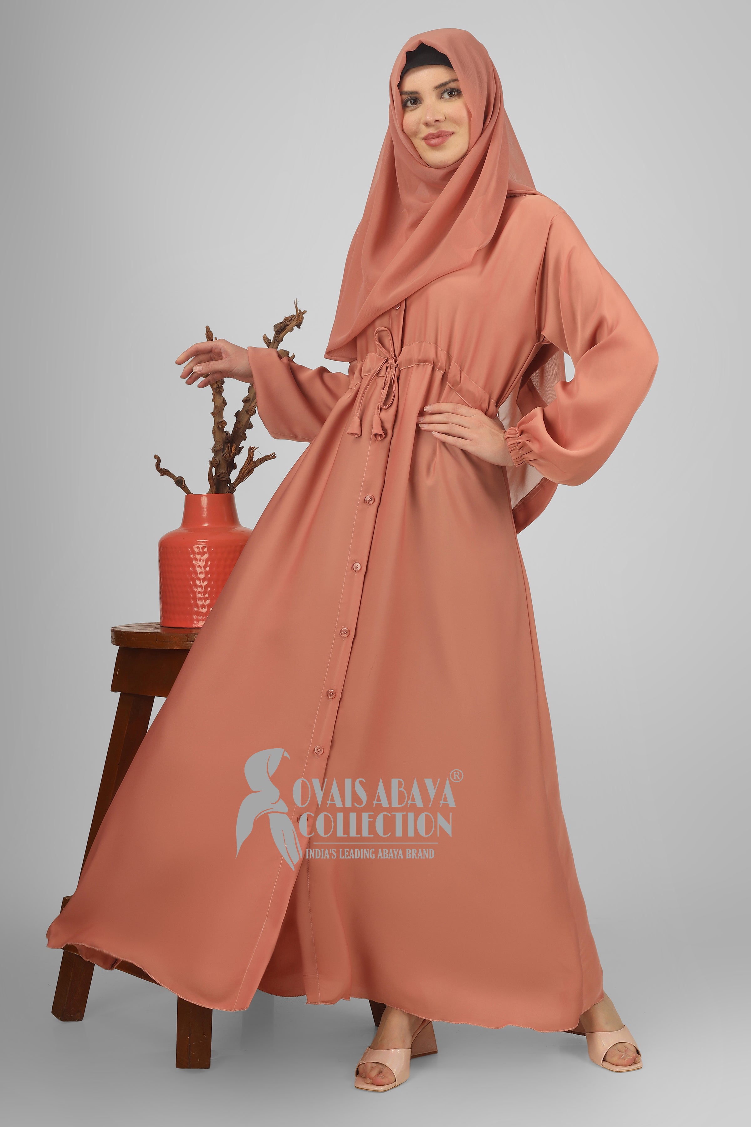 New Launch Huriya Front Open Collar Abaya PEACH ( Limited Stock )