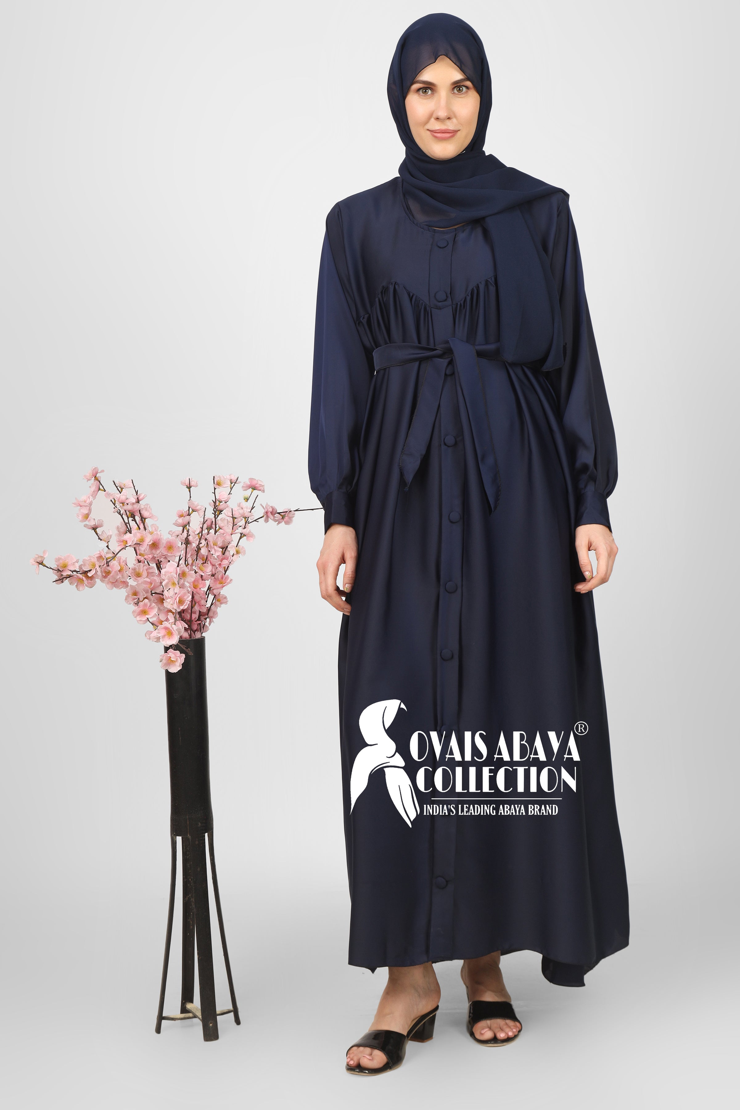 Beautiful Frill Plates Work Buttons Abaya ( NAVY BLUE  )