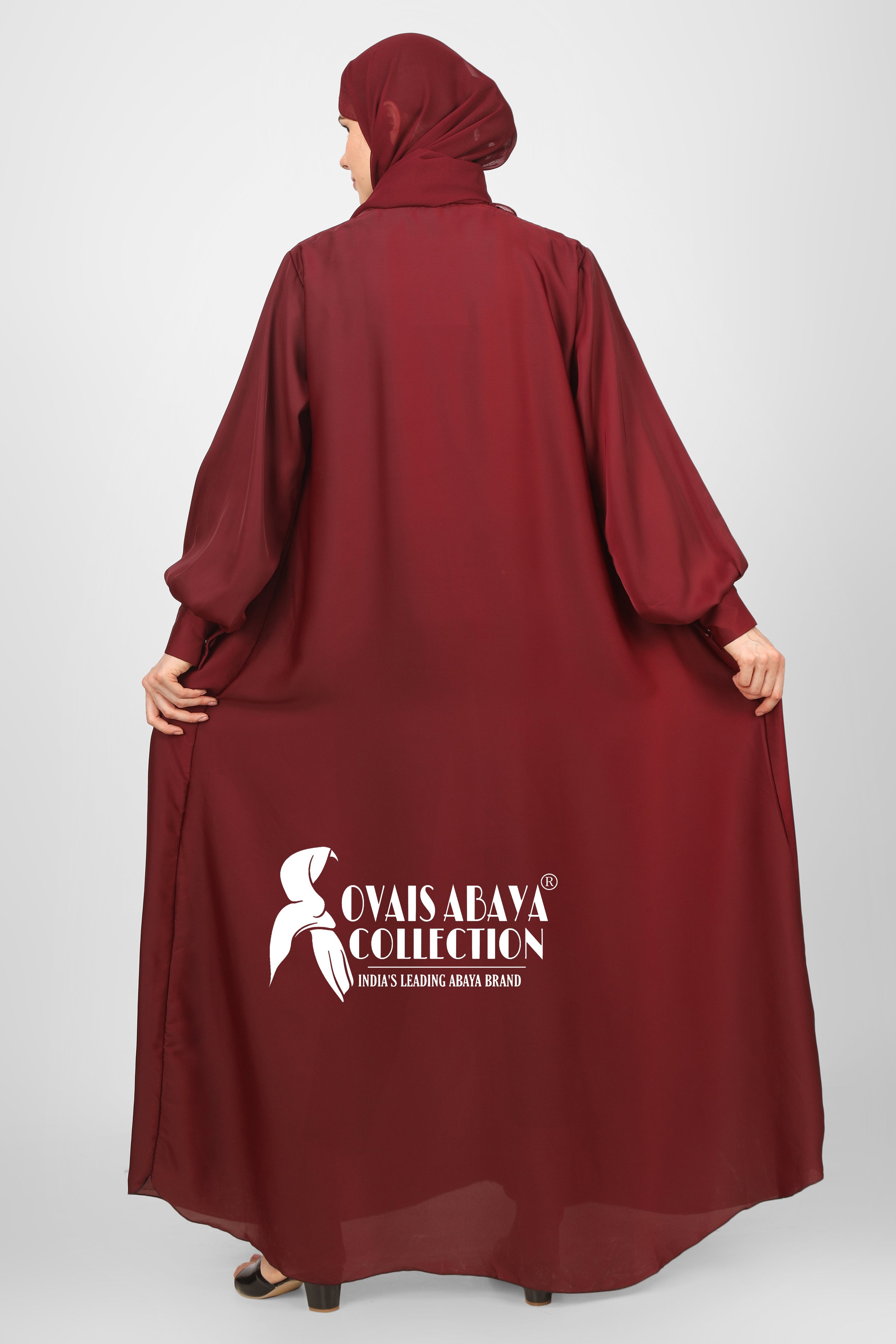 Beautiful Frill Plates Work Buttons Abaya ( MAROON )