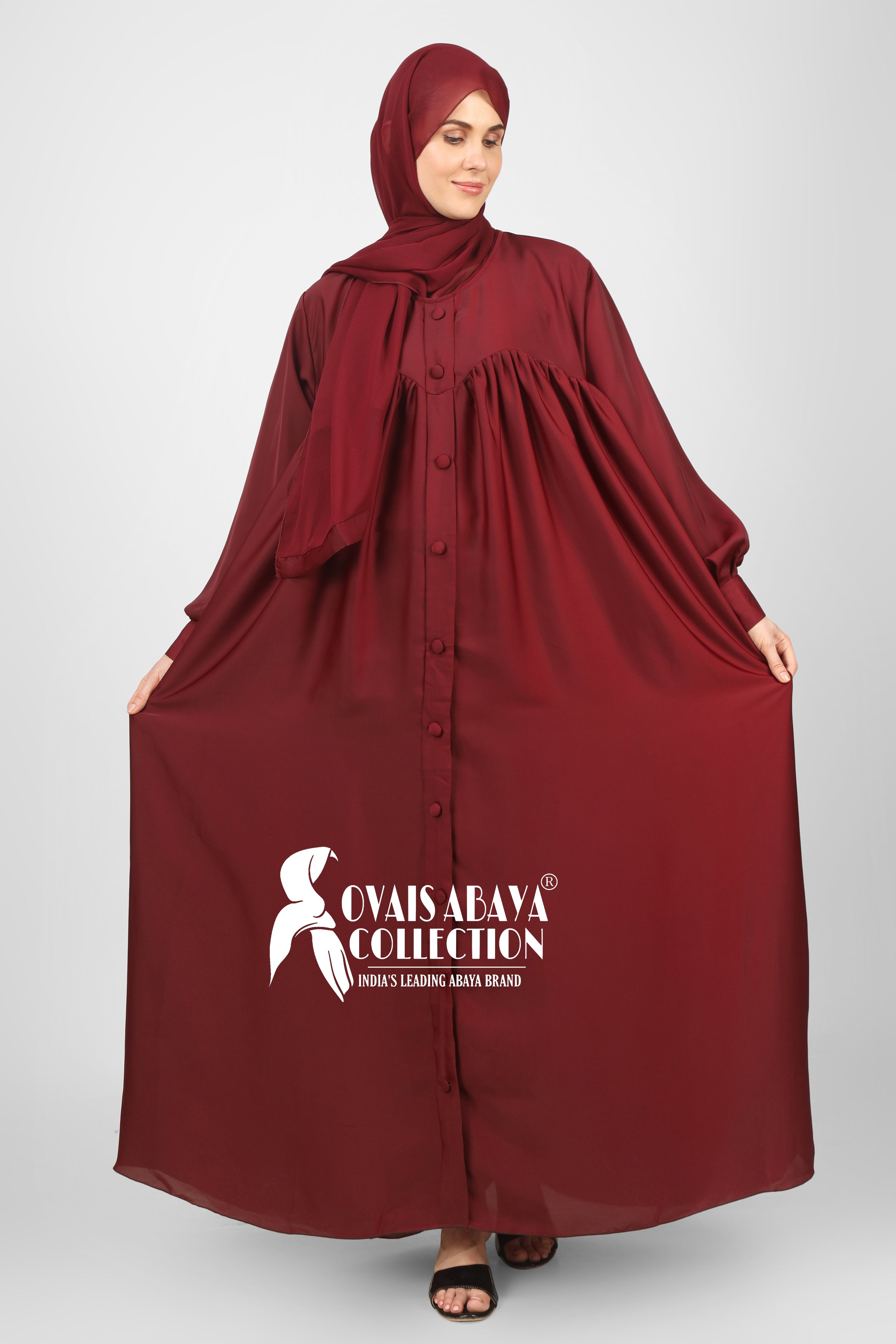 Beautiful Frill Plates Work Buttons Abaya ( MAROON )