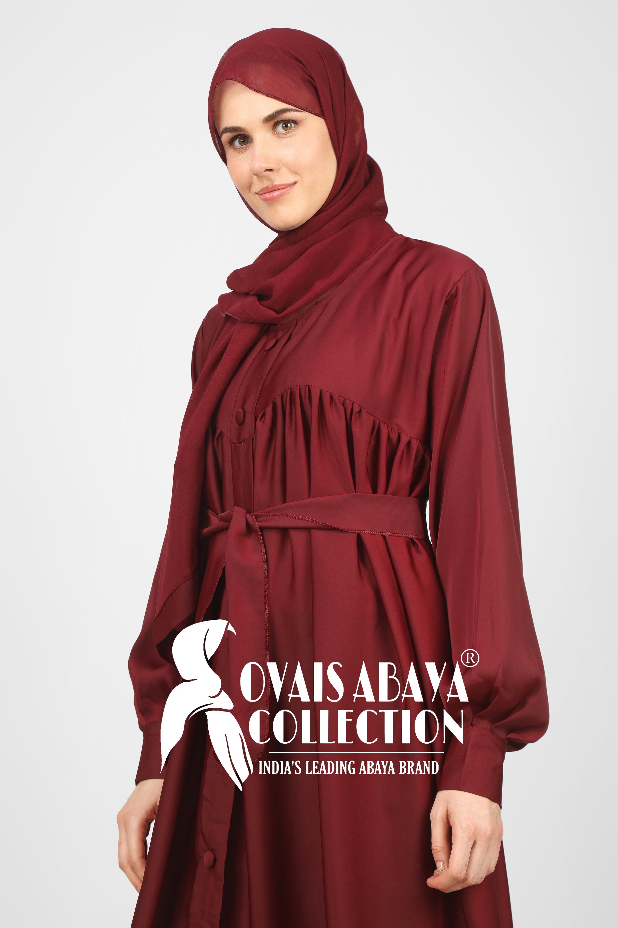 Beautiful Frill Plates Work Buttons Abaya ( MAROON )