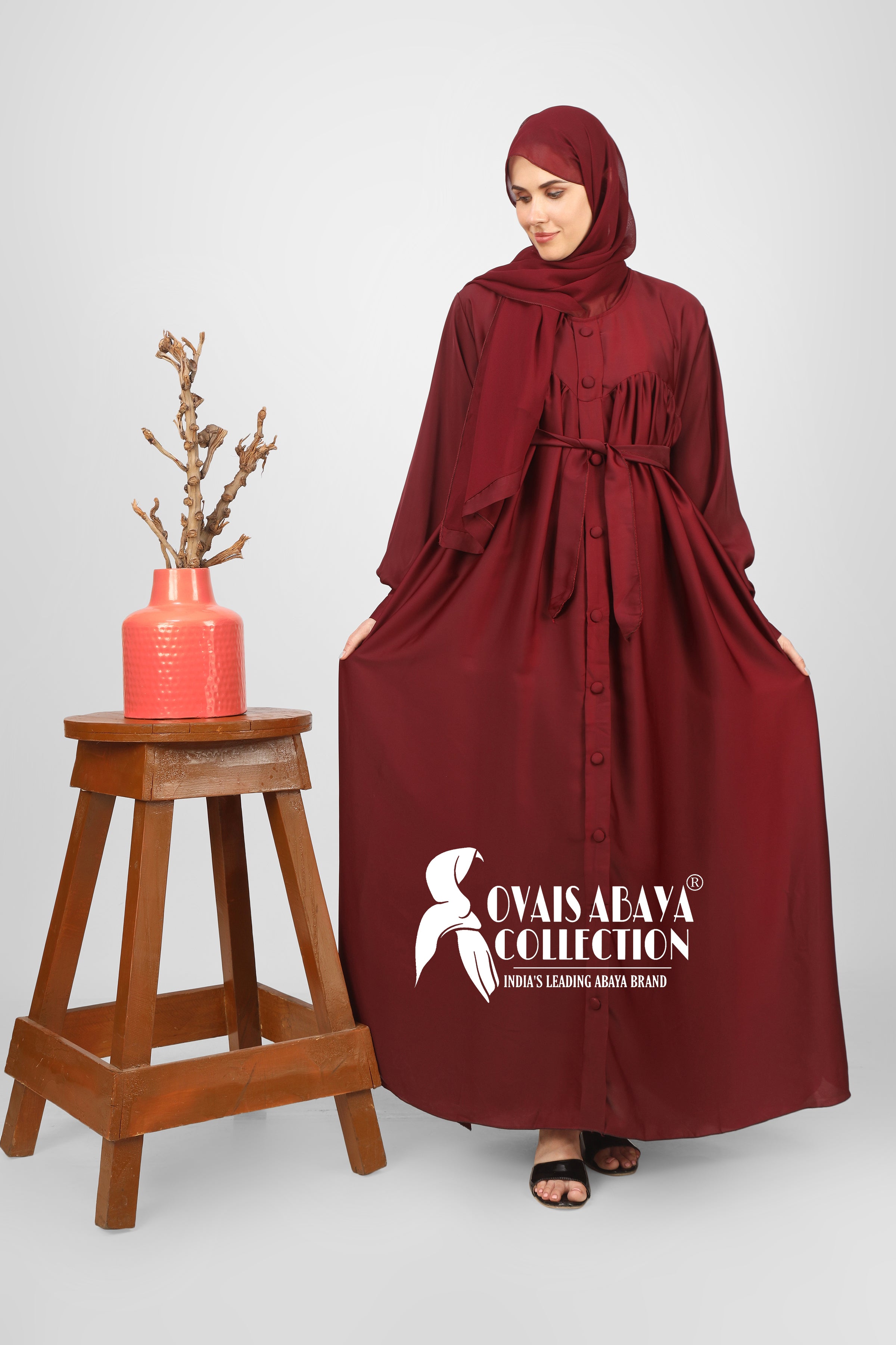 Beautiful Frill Plates Work Buttons Abaya ( MAROON )