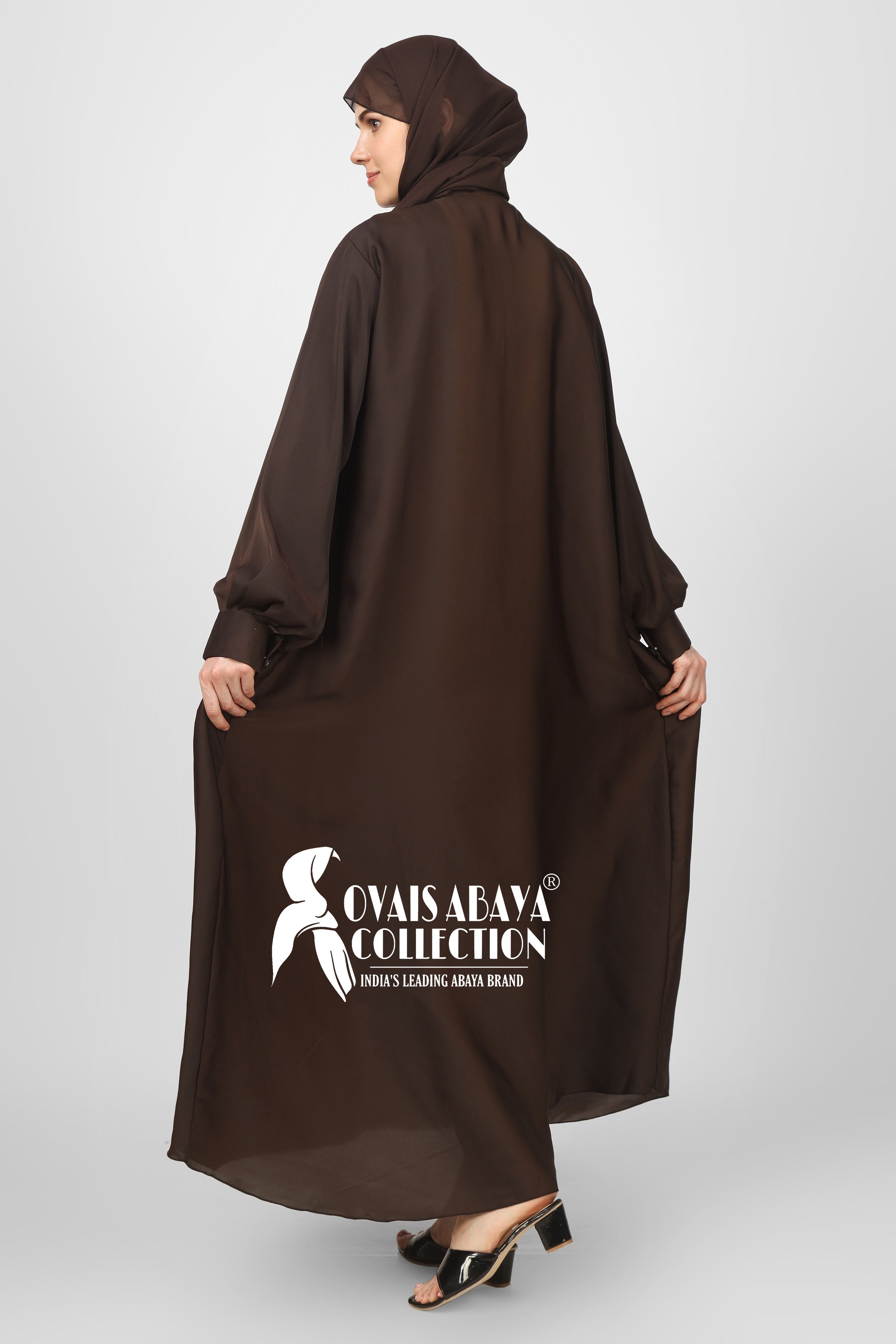 Beautiful Frill Plates Work Buttons Abaya ( MAGNETIC BROWN )