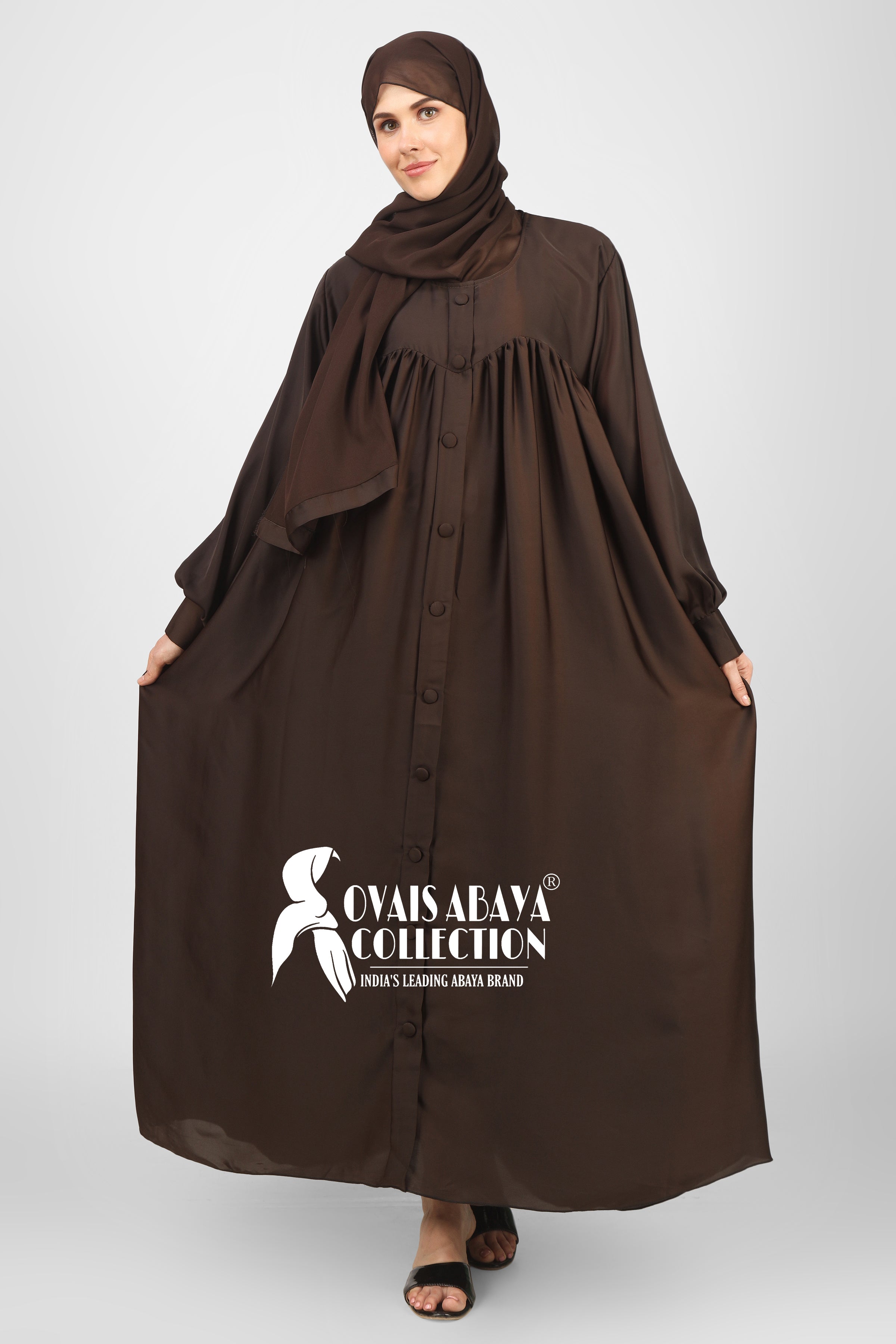 Beautiful Frill Plates Work Buttons Abaya ( MAGNETIC BROWN )