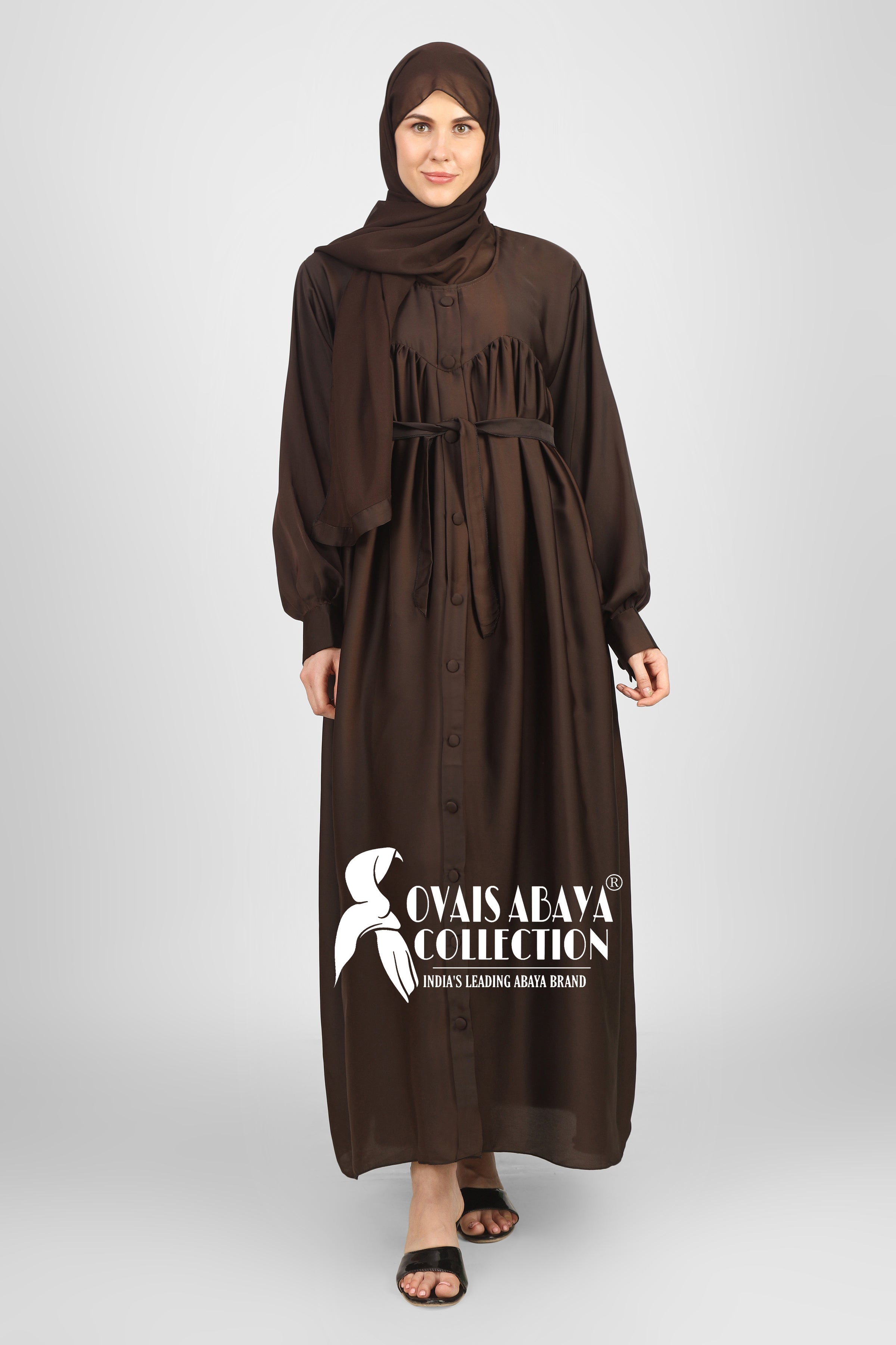 Beautiful Frill Plates Work Buttons Abaya ( MAGNETIC BROWN )