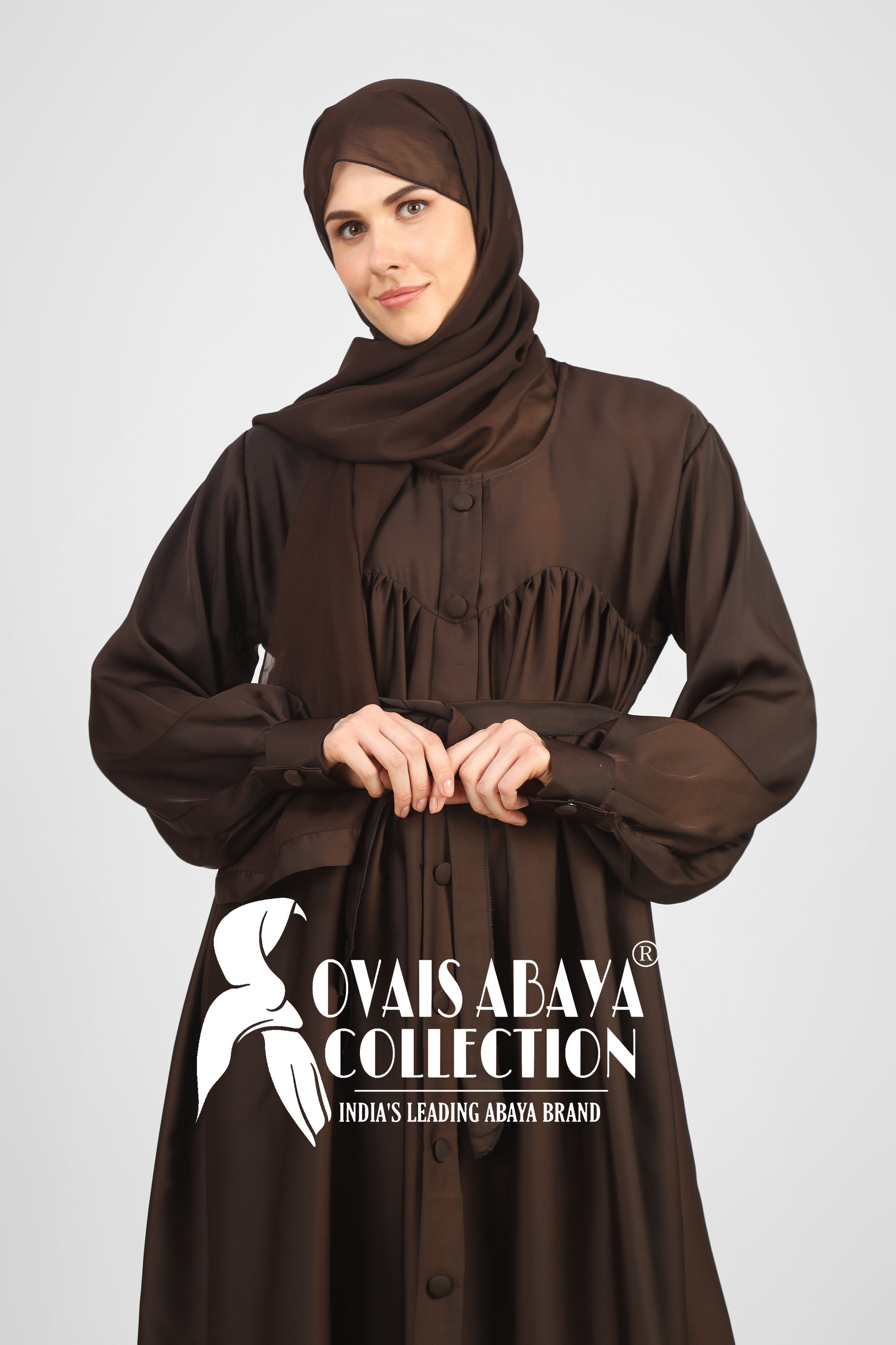 Beautiful Frill Plates Work Buttons Abaya ( MAGNETIC BROWN )