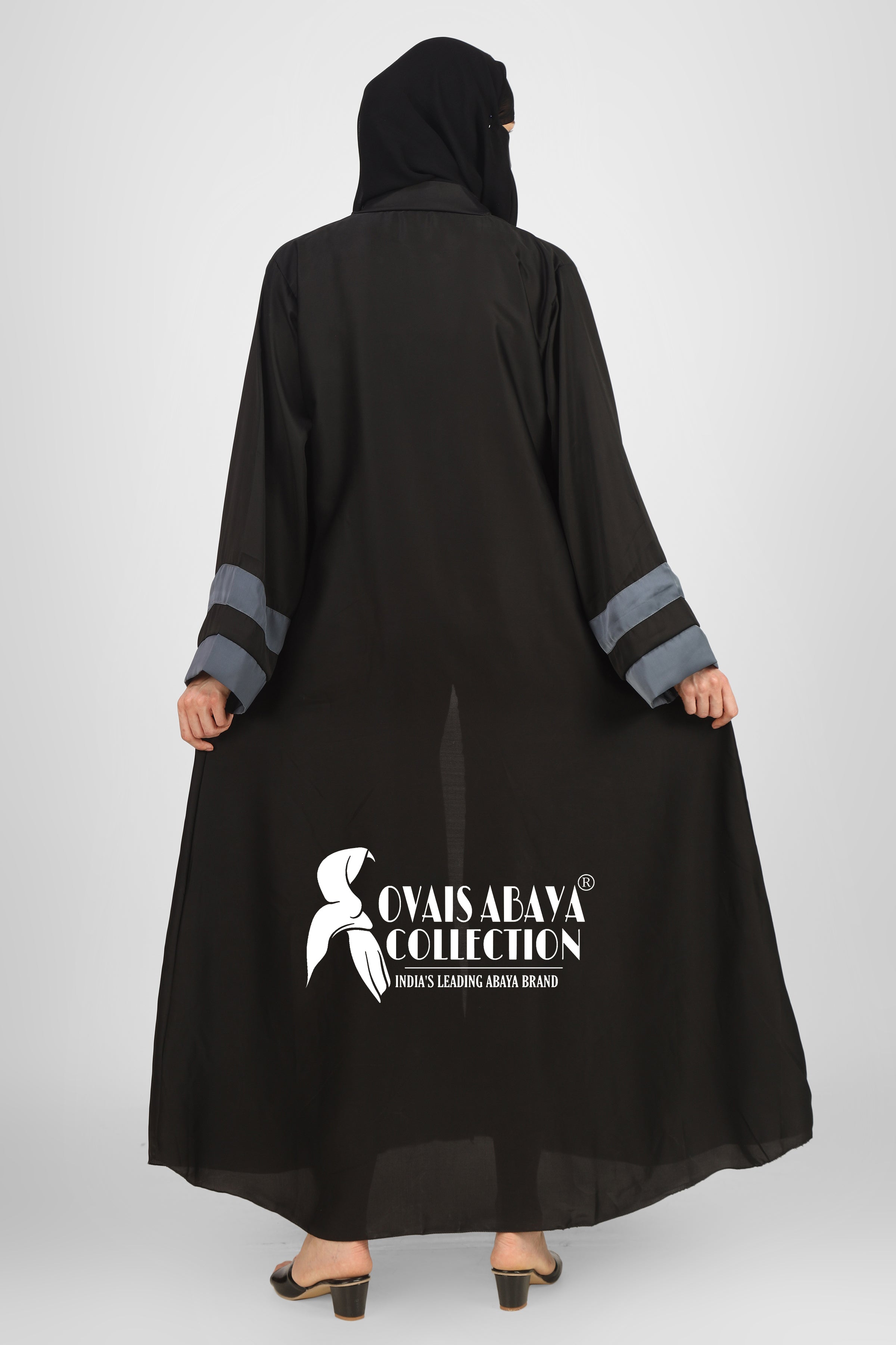 Haima Front Open Contrast Sleeve Abaya ( BLACK )