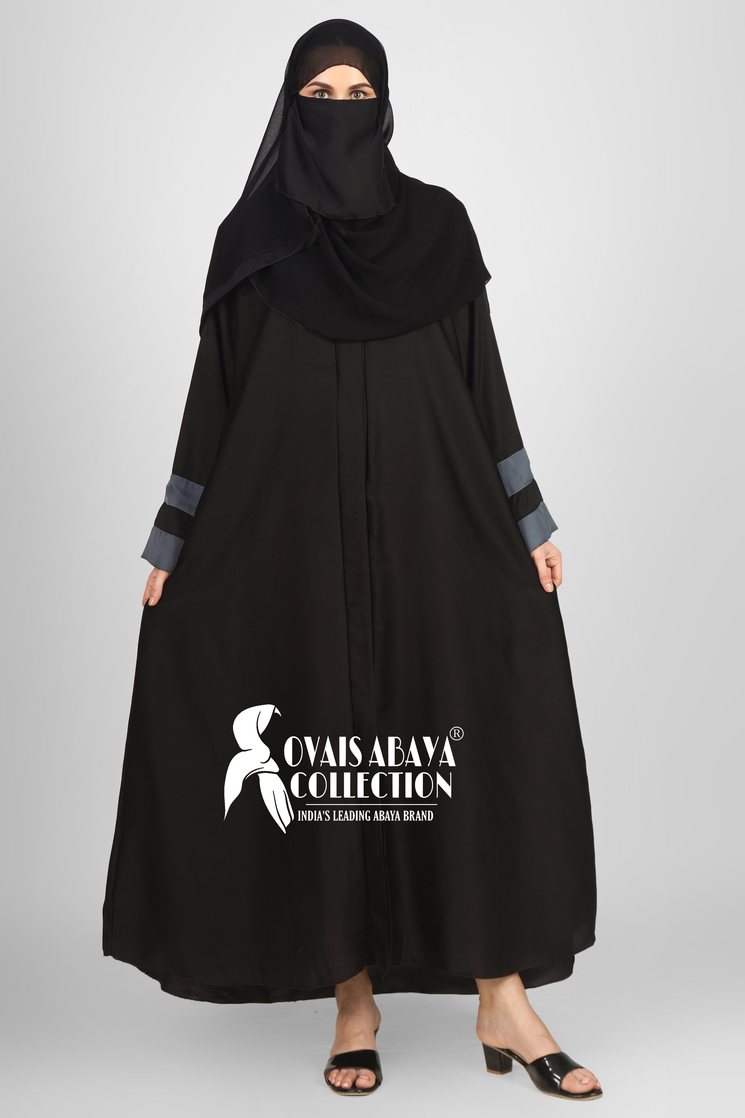 Haima Front Open Contrast Sleeve Abaya ( BLACK )