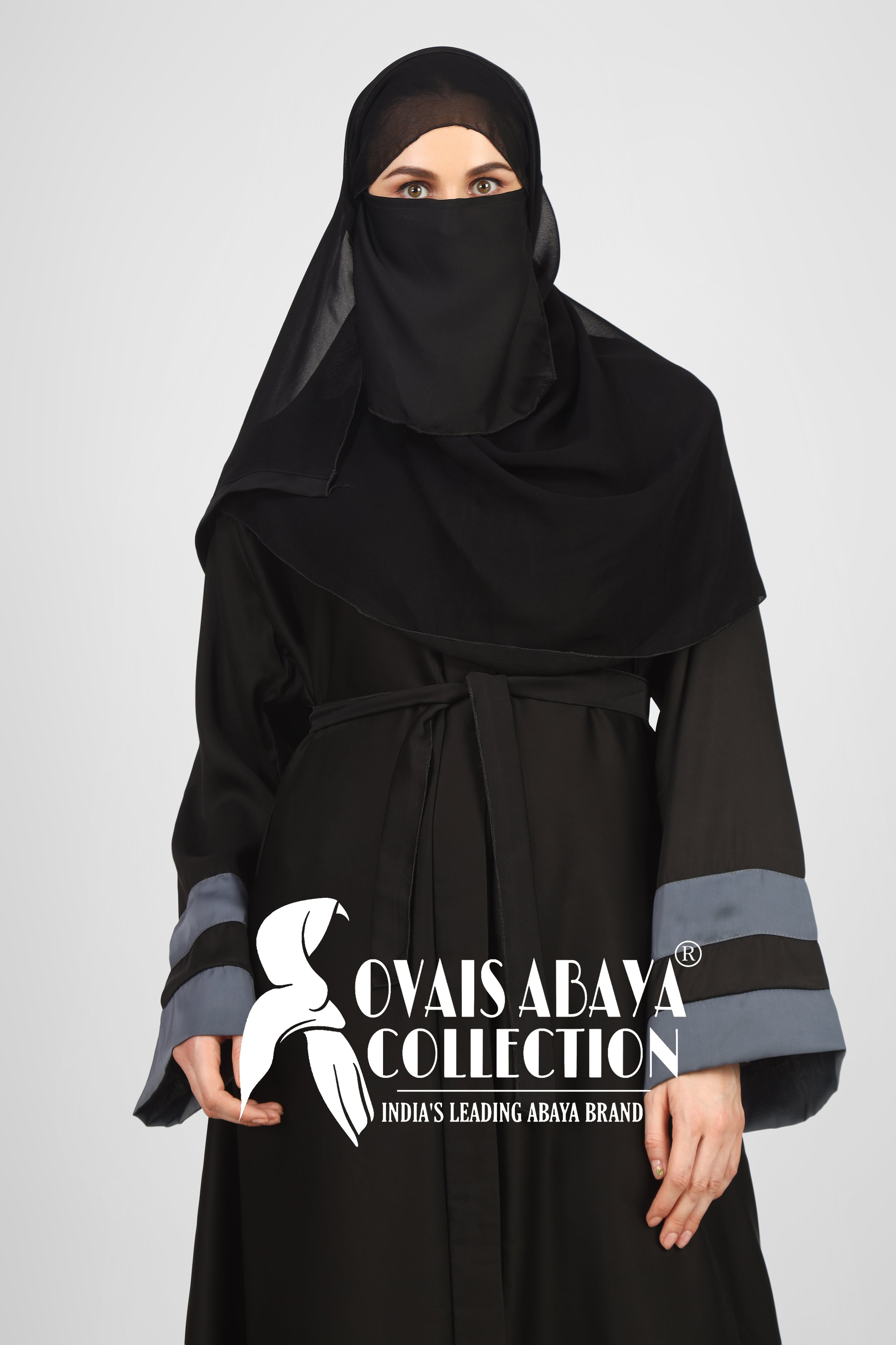 Haima Front Open Contrast Sleeve Abaya ( BLACK )